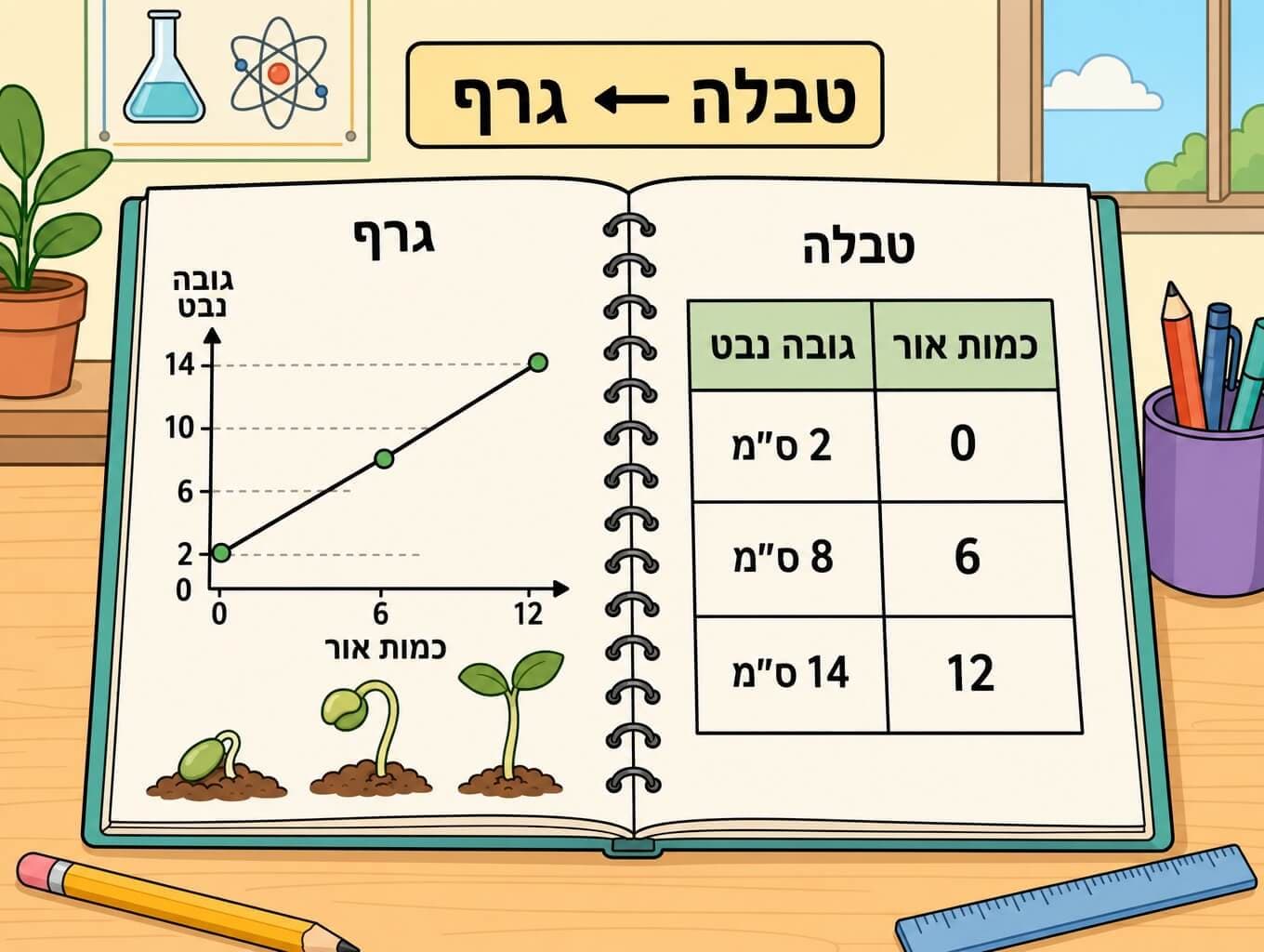 תמונה הממחישה מעבר מטבלת נתונים לגרף בניסוי על אור וגובה נבטים