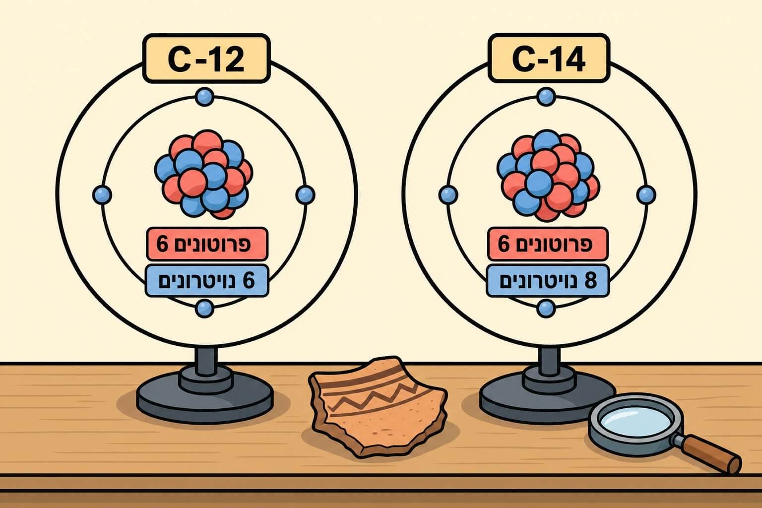 תמונה הממחישה איזוטופים של פחמן עם אותו מספר פרוטונים ומספר שונה של נויטרונים