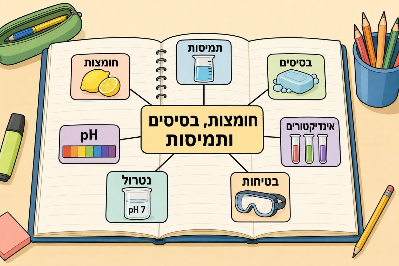 תמונה הממחישה את מפת המושגים של חומצות בסיסים תמיסות pH אינדיקטורים ונטרול