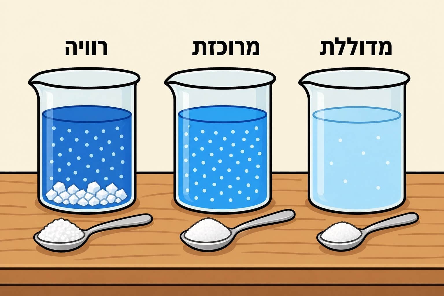 תמונה הממחישה את ההבדל בין תמיסות מדוללות מרוכזות ורוויות בעזרת כוסות מעבדה