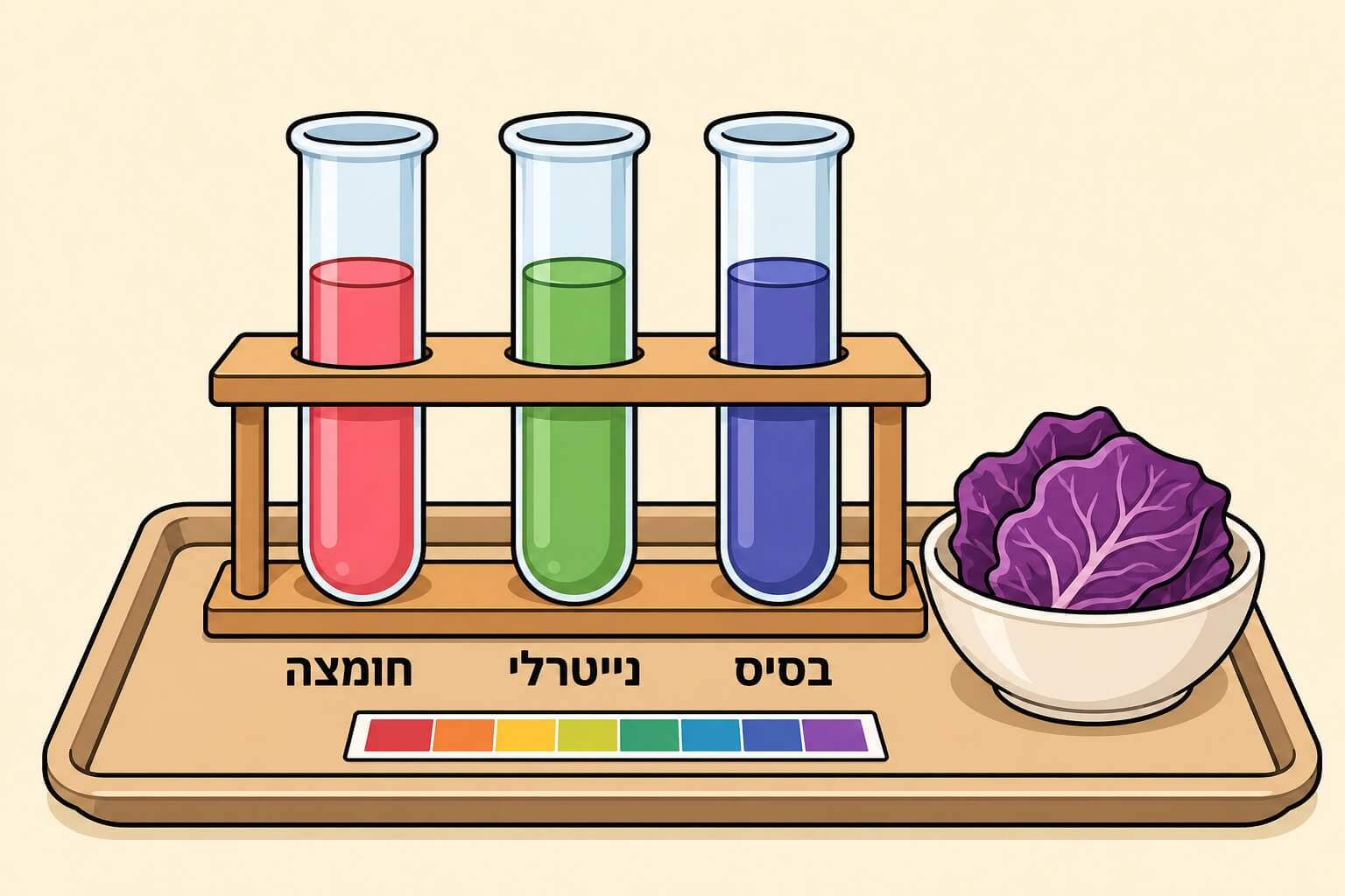 תמונה הממחישה את שינוי צבע האינדיקטור בחומצה במים ובבסיס