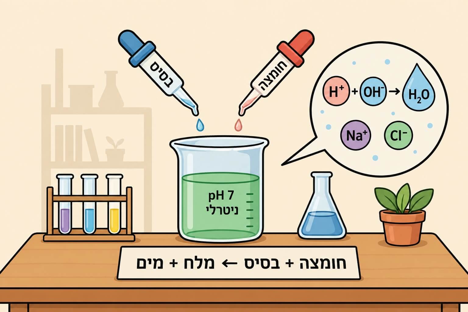 תמונה הממחישה את תגובת הנטרול שבה חומצה ובסיס יוצרים מלח ומים