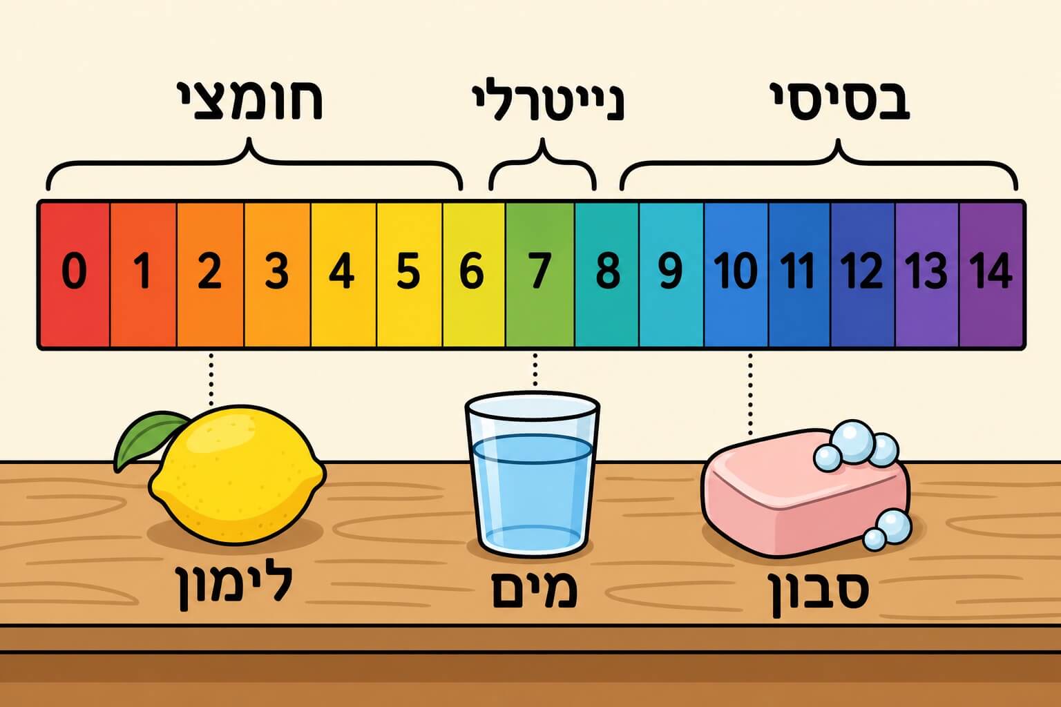 תמונה הממחישה את סולם ה-pH בעזרת לימון מים וסבון
