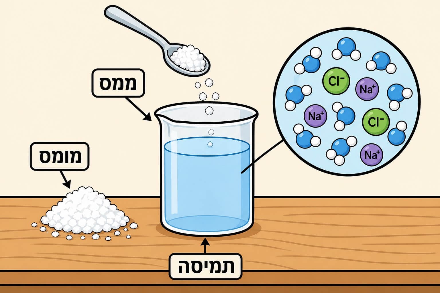 תמונה הממחישה את תפקיד הממס והמומס ביצירת תמיסה אחידה