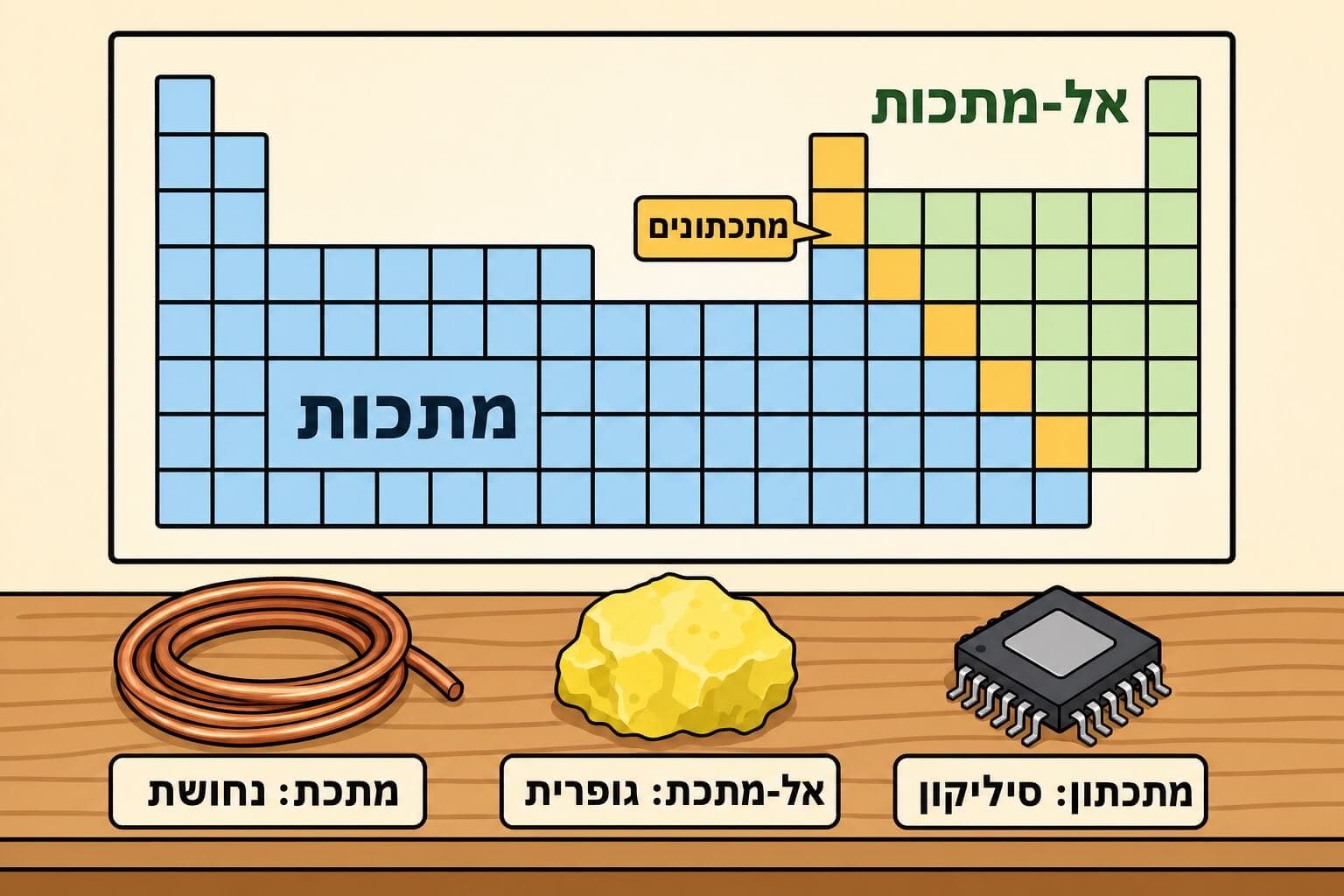 תמונה הממחישה את חלוקת הטבלה המחזורית למתכות אל-מתכות ומתכתונים לאורך קו מדרגות