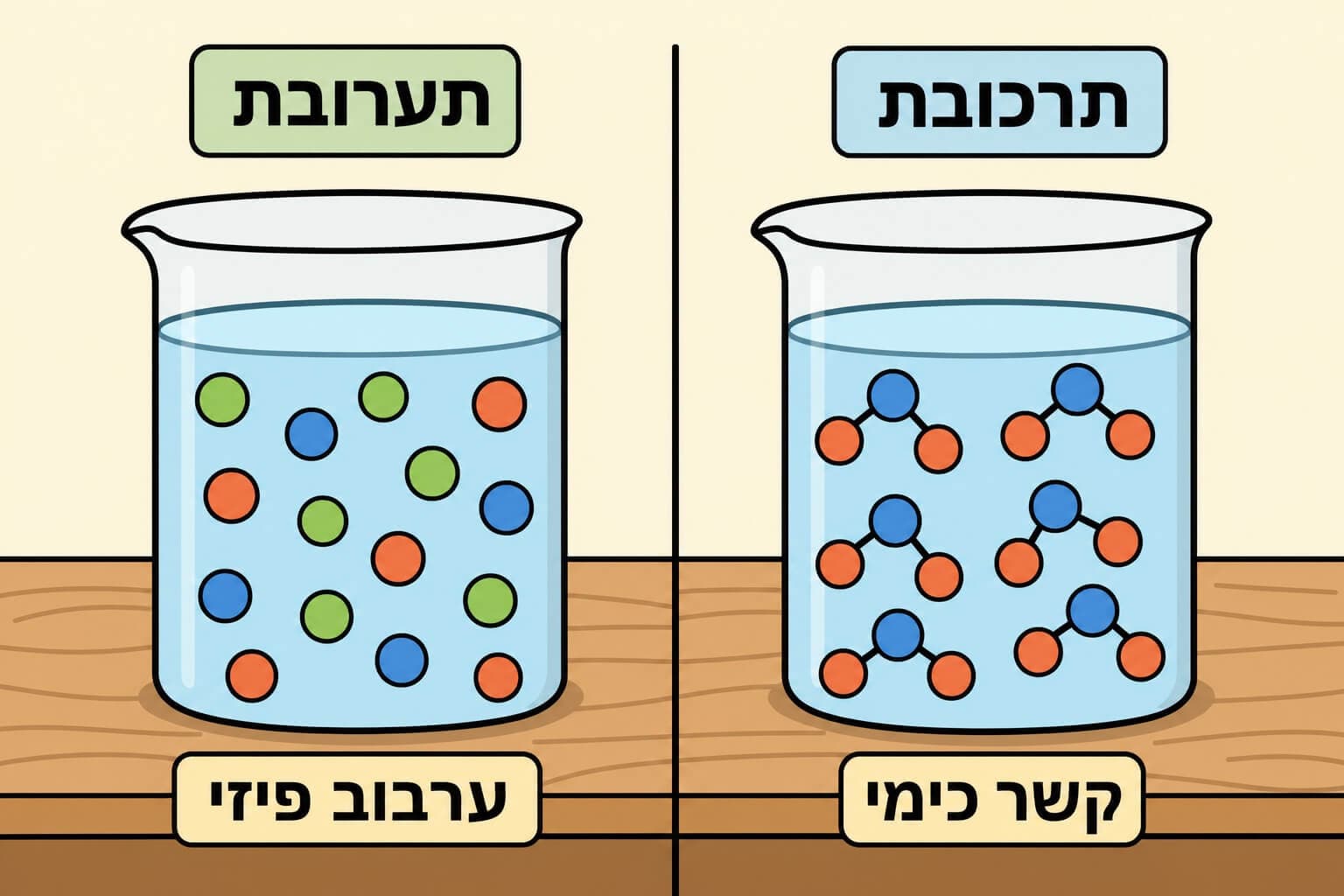 תמונה הממחישה את ההבדל בין קשר כימי בתרכובת לבין ערבוב פיזי בתערובת