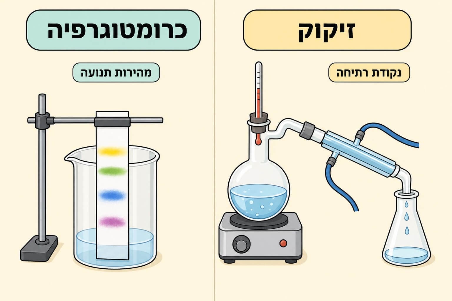 תמונה הממחישה את הזיקוק לפי נקודת רתיחה ואת הכרומטוגרפיה לפי מהירות תנועה של חומרים