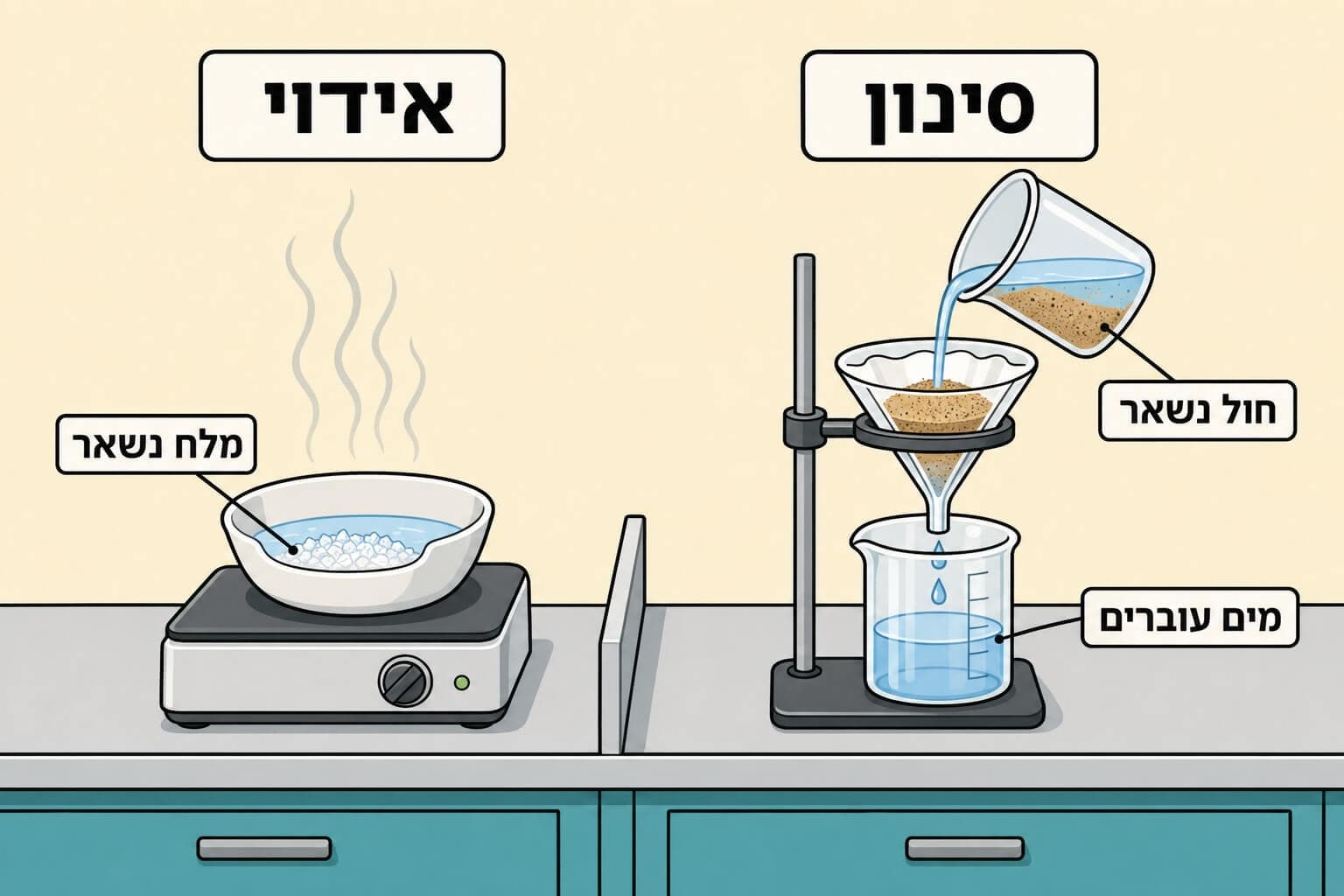 תמונה הממחישה את הסינון של חול ממים ואת האידוי של מי מלח לקבלת מלח
