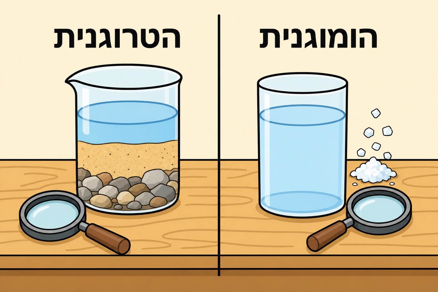 תמונה הממחישה את ההבדל בין תערובת הומוגנית אחידה לתערובת הטרוגנית שבה רואים מרכיבים