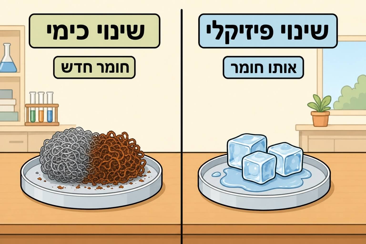 תמונה הממחישה את ההבדל בין שינוי פיזיקלי שבו החומר נשאר זהה לשינוי כימי שבו נוצר חומר חדש