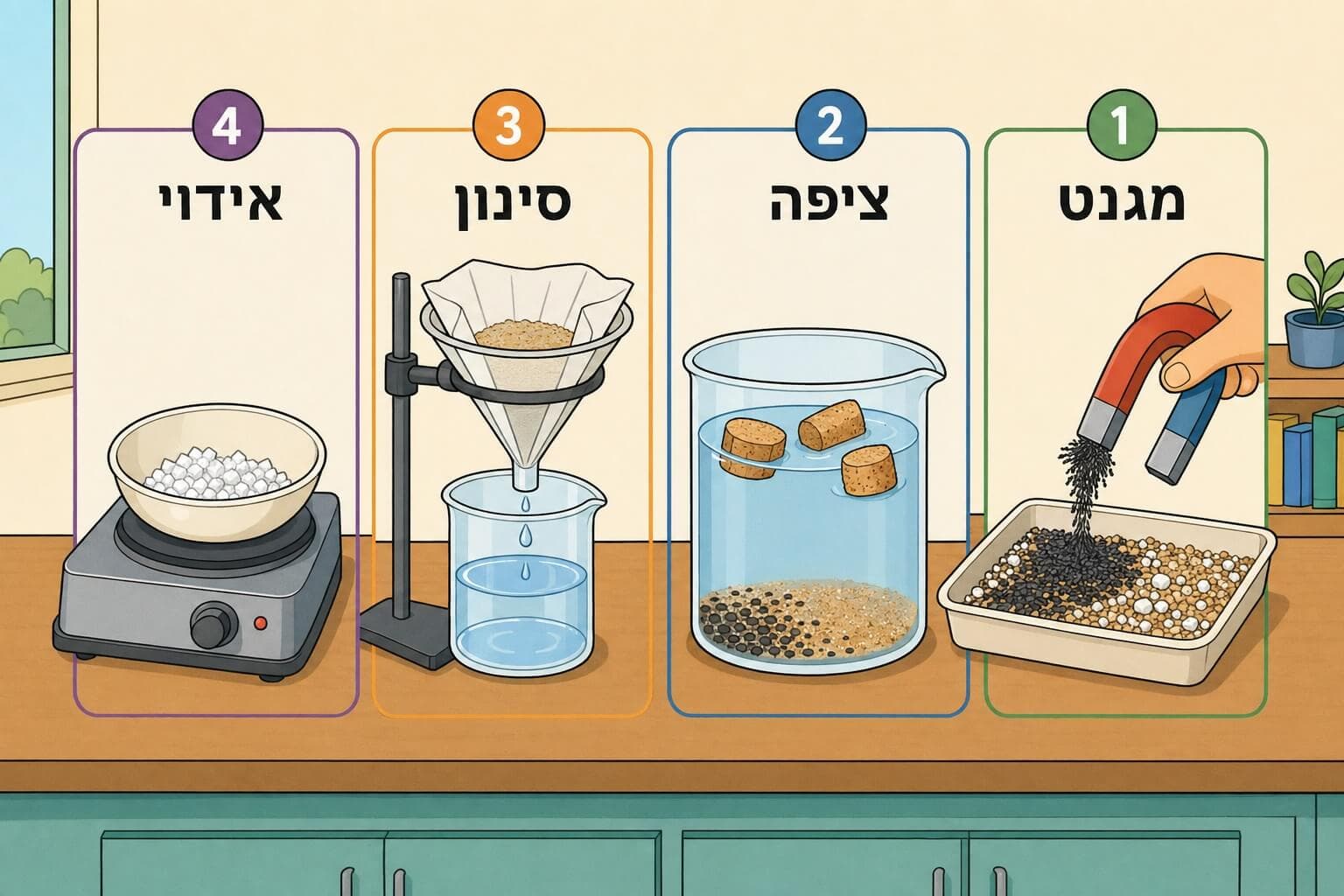 תמונה הממחישה את תכנית ההפרדה בארבעה שלבים לברזל שעם חול ומלח