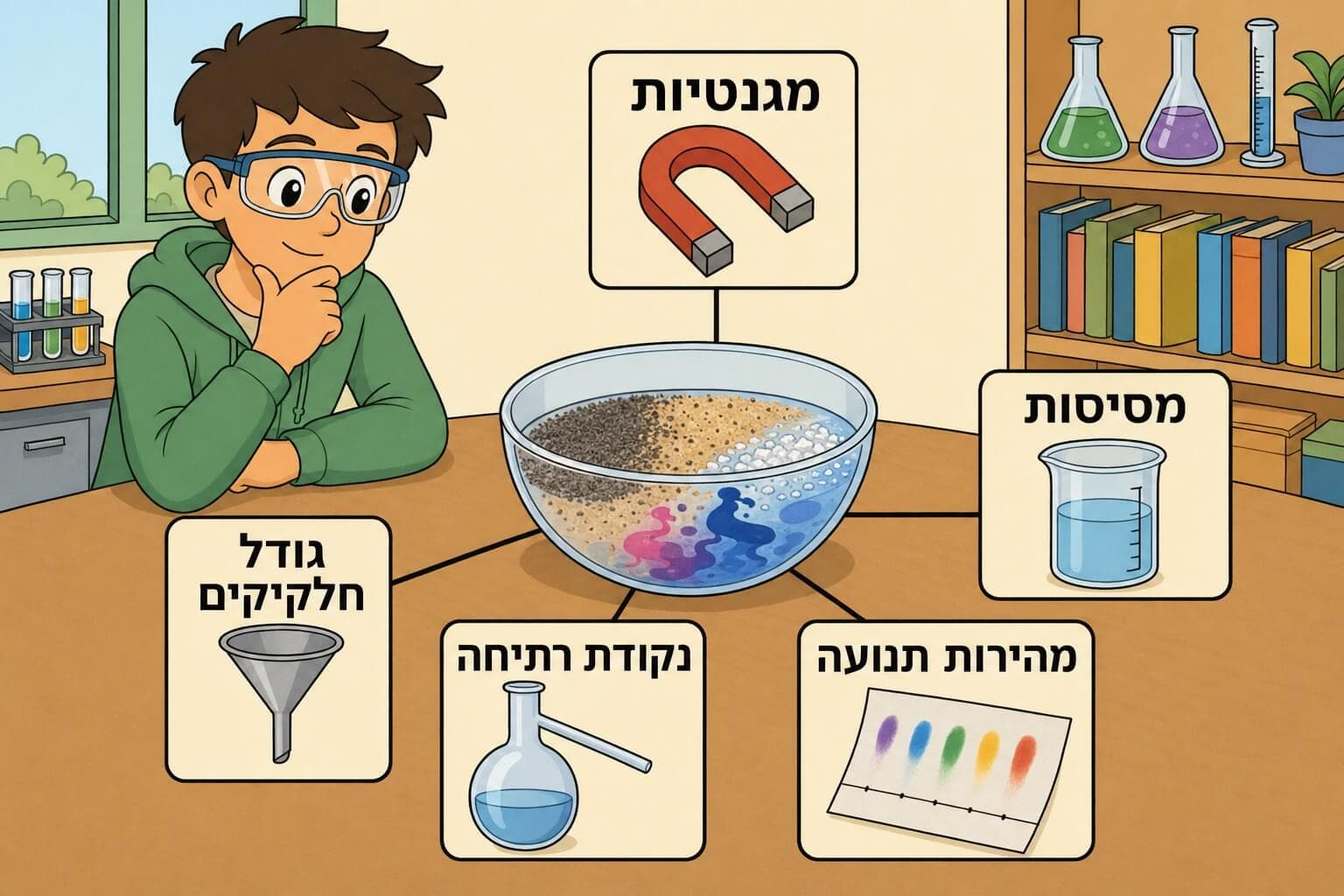 תמונה הממחישה את ההתאמה בין תכונות פיזיקליות של מרכיבי תערובת לבין שיטות הפרדה