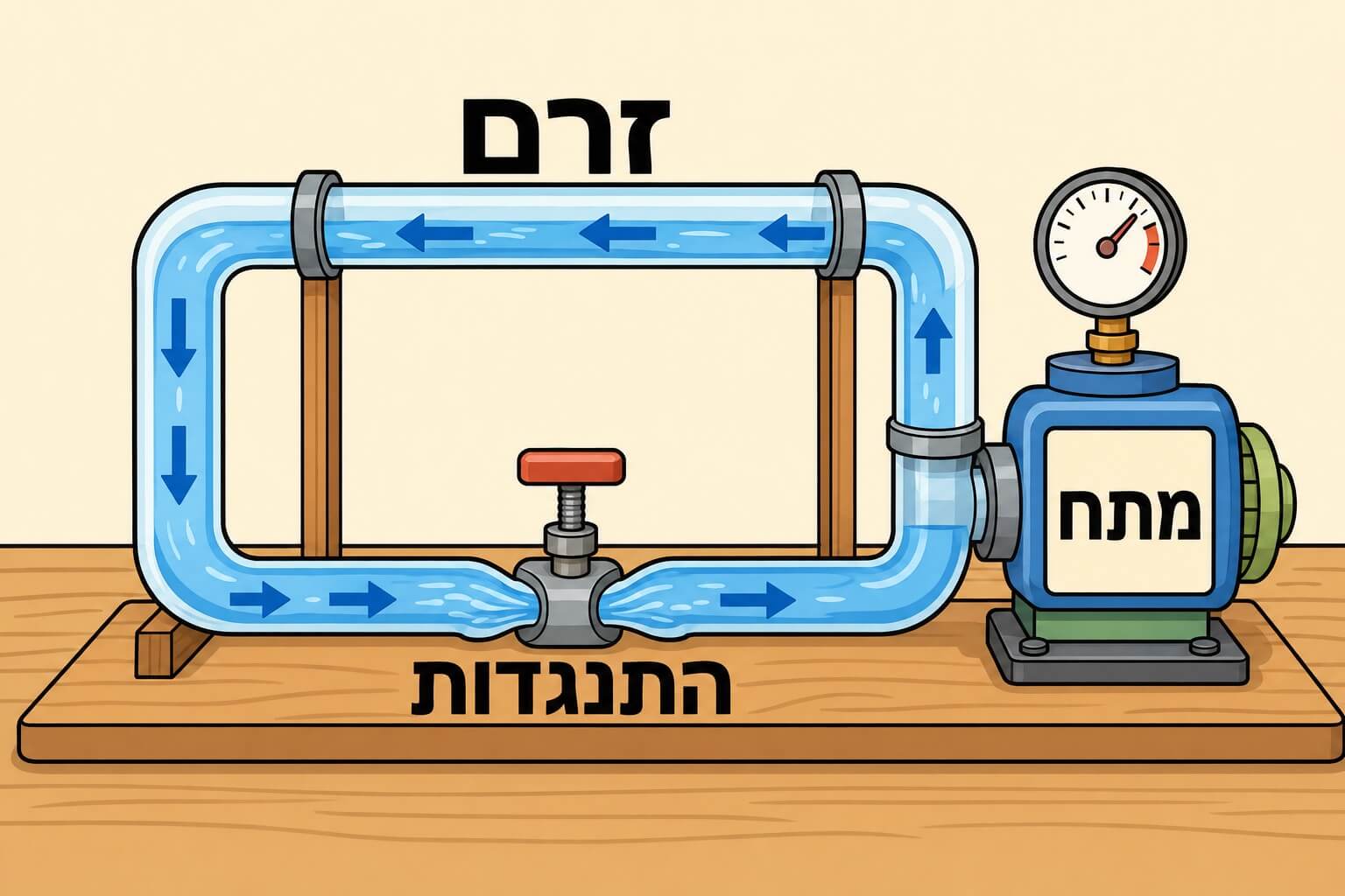 תמונה הממחישה את הקשר בין מתח זרם והתנגדות בעזרת מודל מים בצינור
