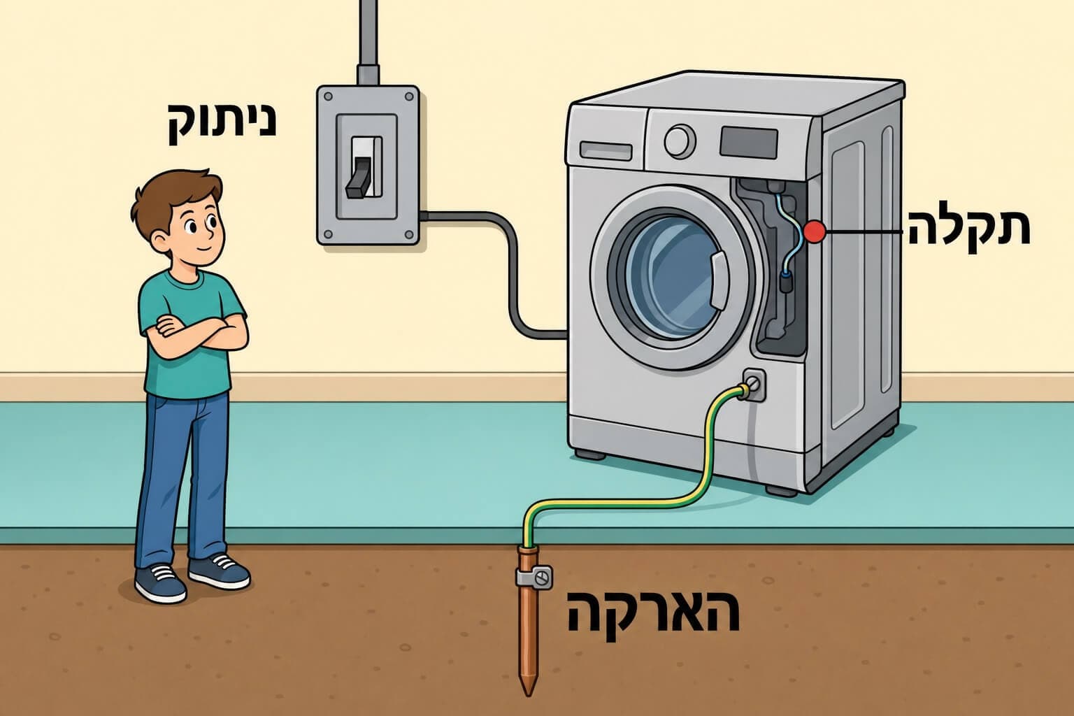 תמונה הממחישה כיצד הארקה ומפסק מגן מנתקים תקלה ומרחיקים זרם מגוף האדם