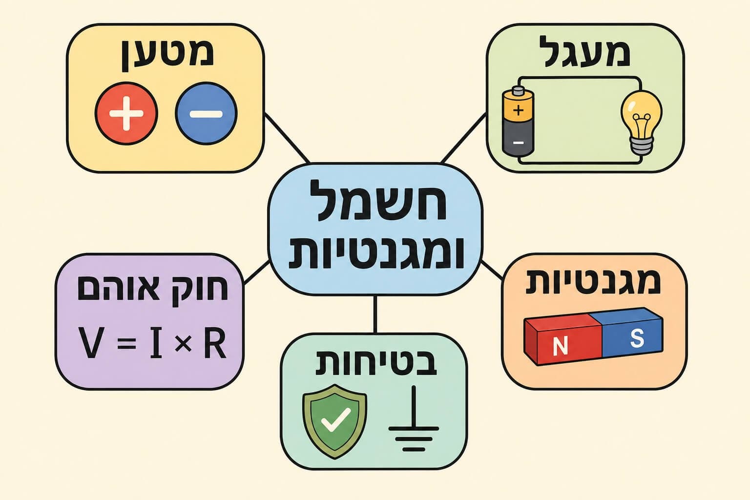 תמונה הממחישה מפת מושגים של פרק חשמל ומגנטיות עם מטען מעגל חוק אוהם מגנטיות ובטיחות