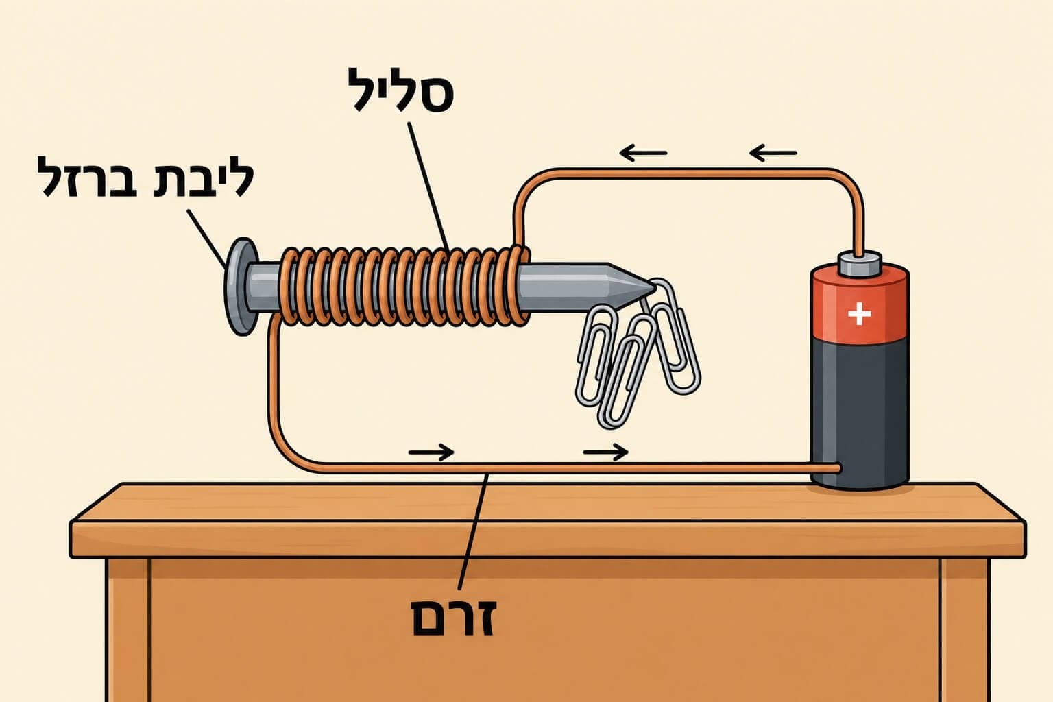 תמונה הממחישה אלקטרומגנט מסליל סביב ליבת ברזל שמושך מהדקי מתכת