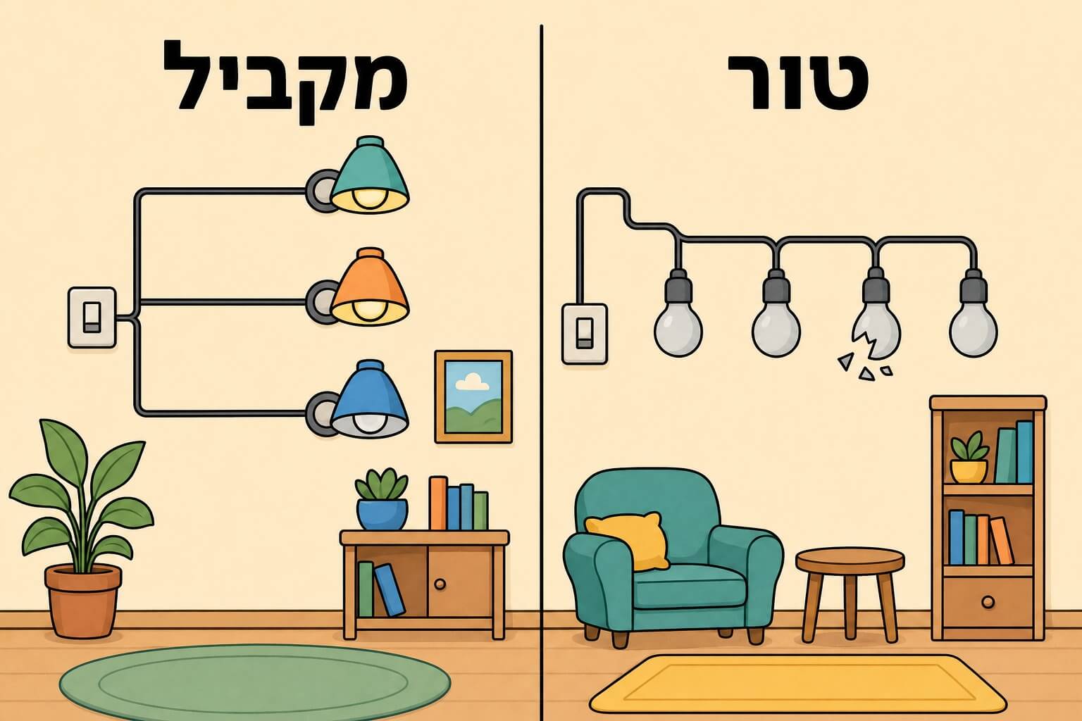 תמונה הממחישה את ההבדל בין חיבור בטור לבין חיבור במקביל בחיווט תאורה
