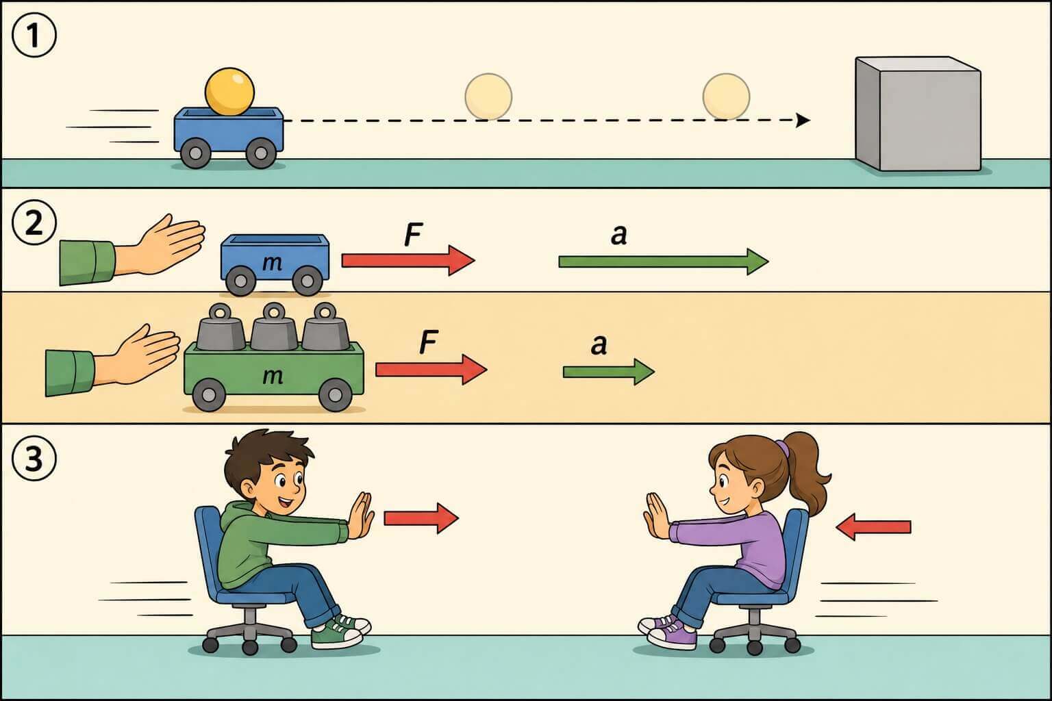תמונה הממחישה את שלושת חוקי ניוטון בעזרת עגלות וכיסאות על גלגלים