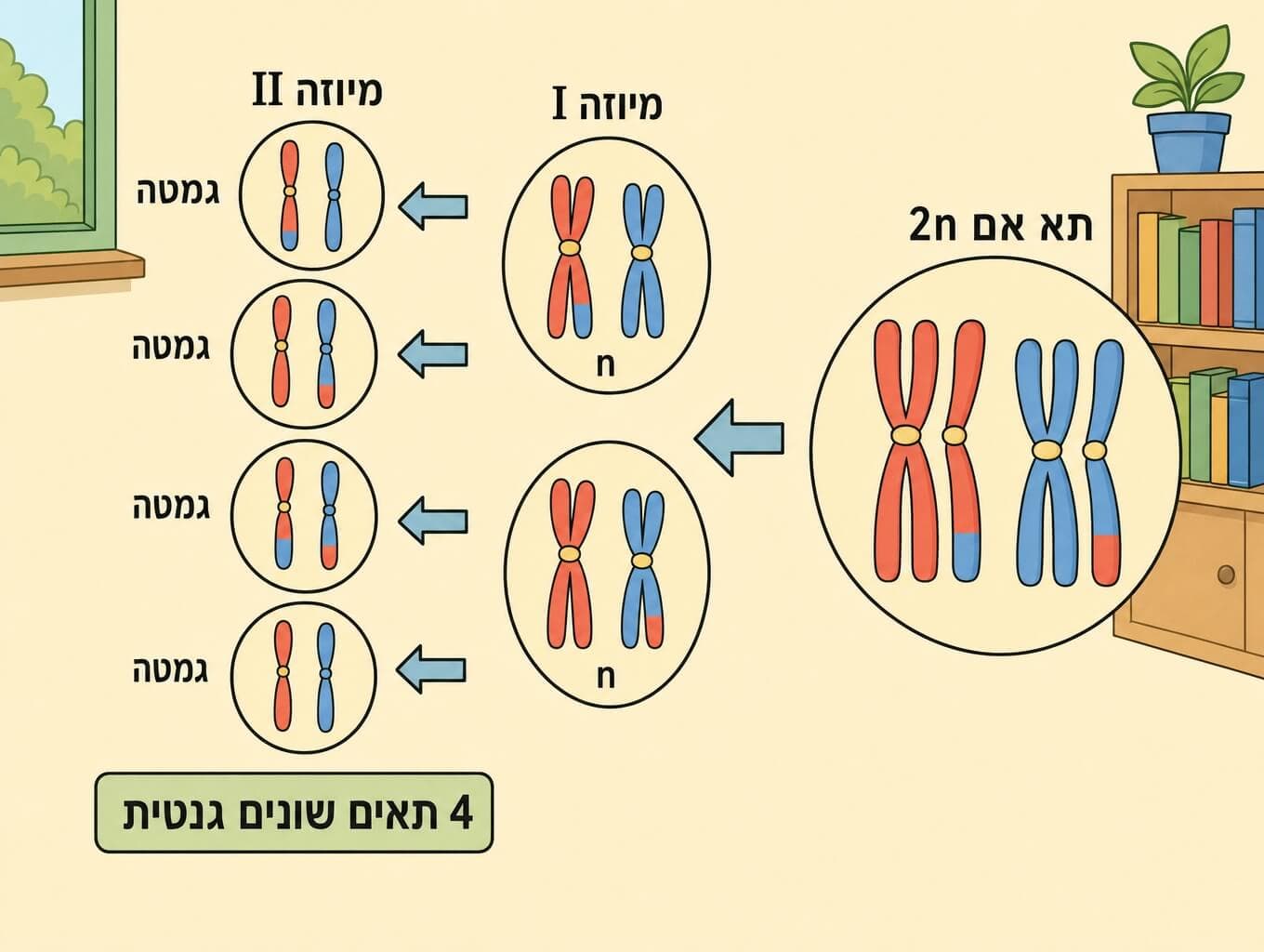 תמונה הממחישה את תהליך המיוזה שבו תא אם דיפלואידי יוצר ארבע גמטות שונות