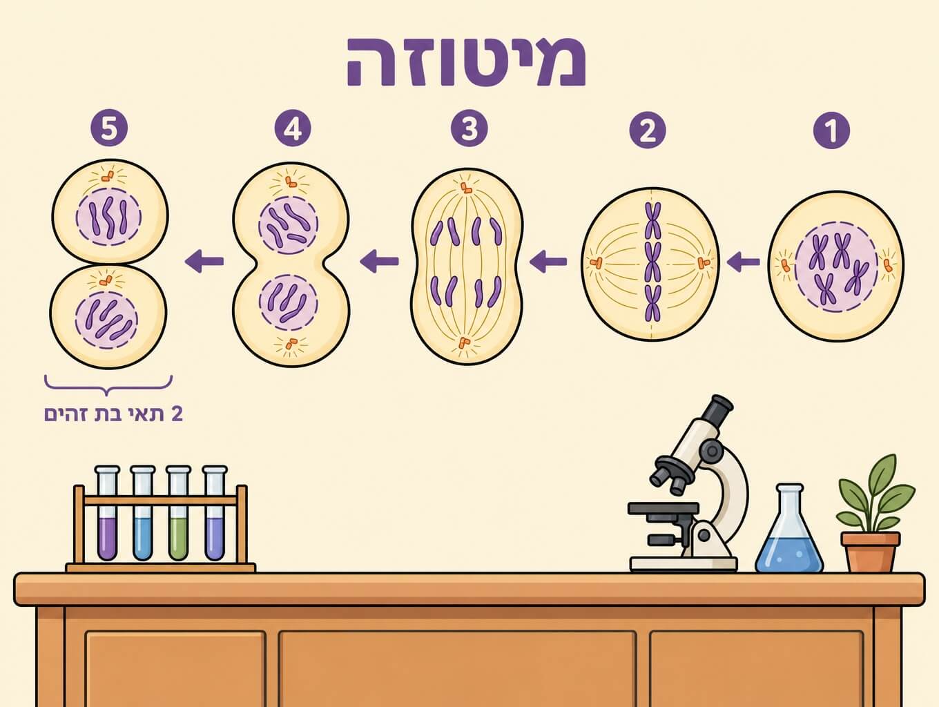 תמונה הממחישה את שלבי המיטוזה מתא אם לשני תאי בת זהים