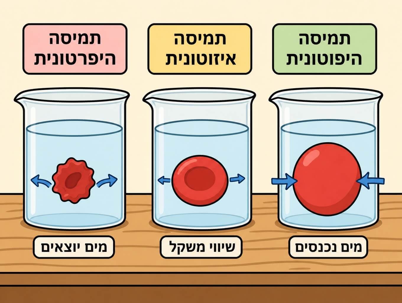 תמונה הממחישה את האוסמוזה בתמיסה היפוטונית איזוטונית והיפרטונית