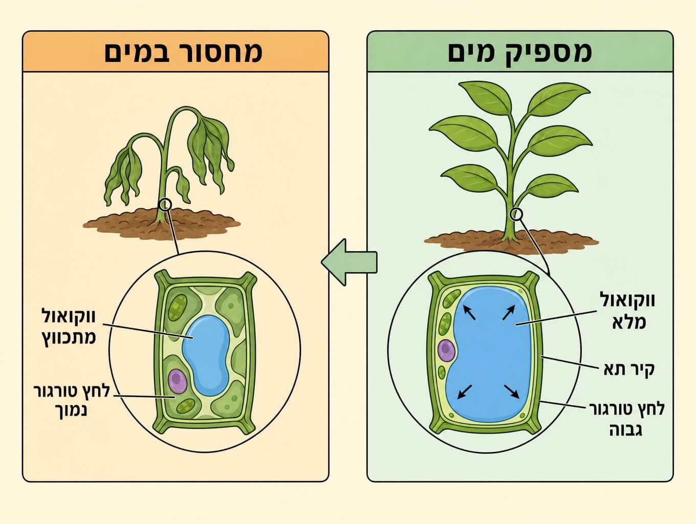 תמונה הממחישה את לחץ הטורגור בתא צמח במצב של מספיק מים מול מחסור במים