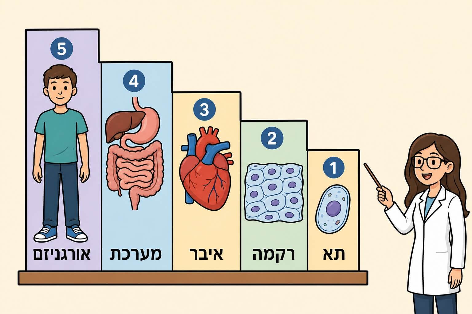 תמונה הממחישה את רמות הארגון בגוף מתא ועד אורגניזם