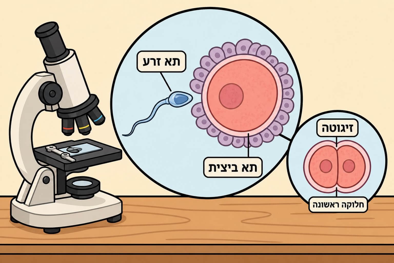 תמונה הממחישה את המפגש בין תא זרע לתא ביצית ויצירת זיגוטה