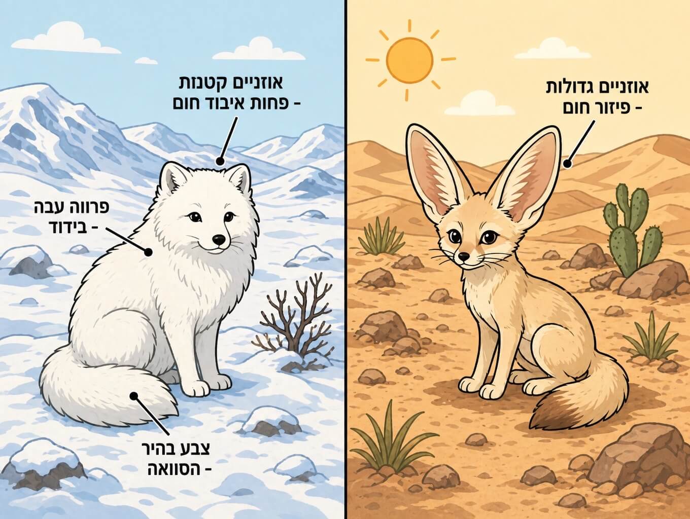 תמונה הממחישה התאמות מבניות של בעלי חיים לסביבה חמה ולסביבה קרה