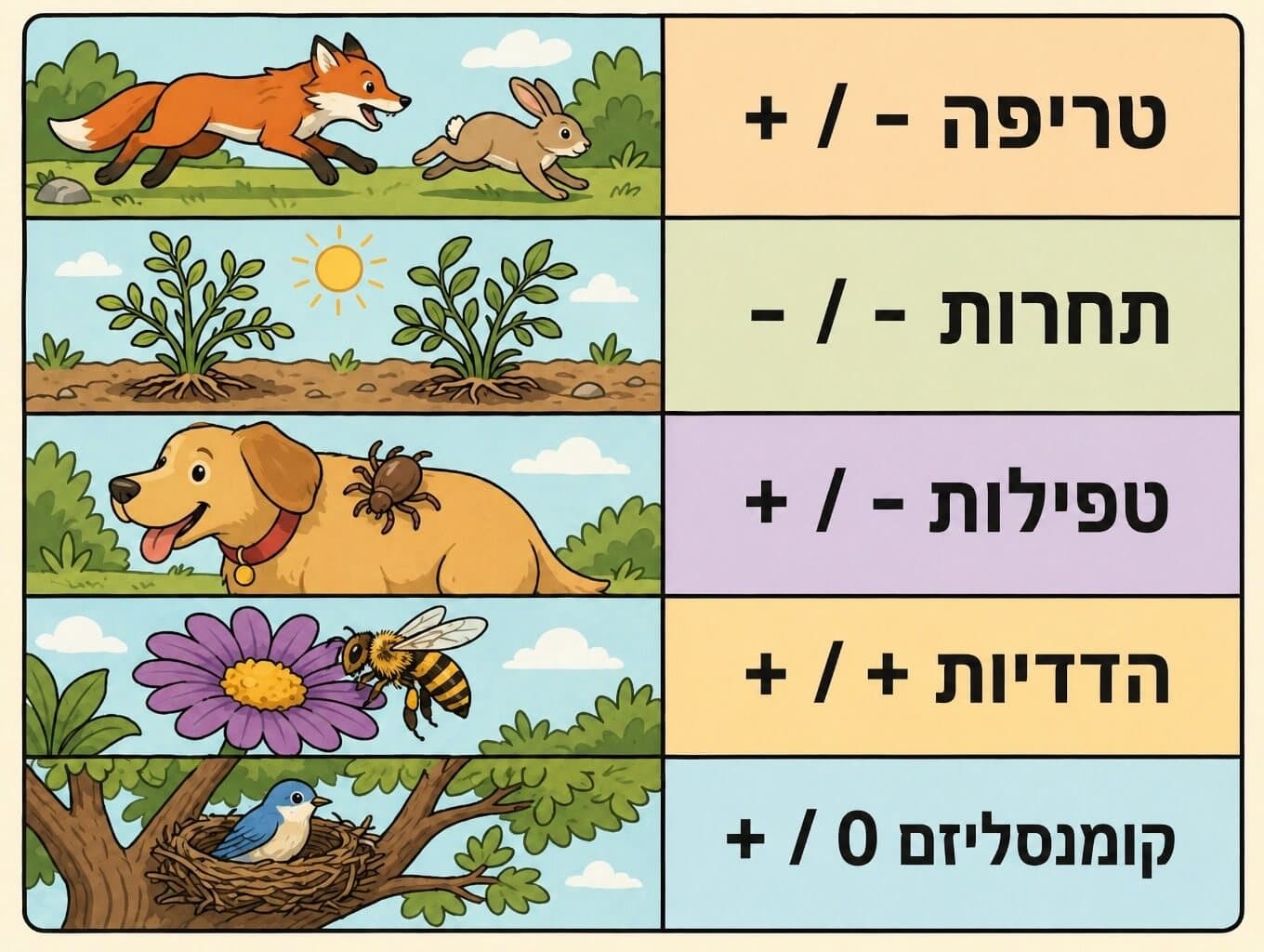 תמונה הממחישה חמישה סוגי יחסי גומלין ואת סימני הרווח וההפסד שלהם
