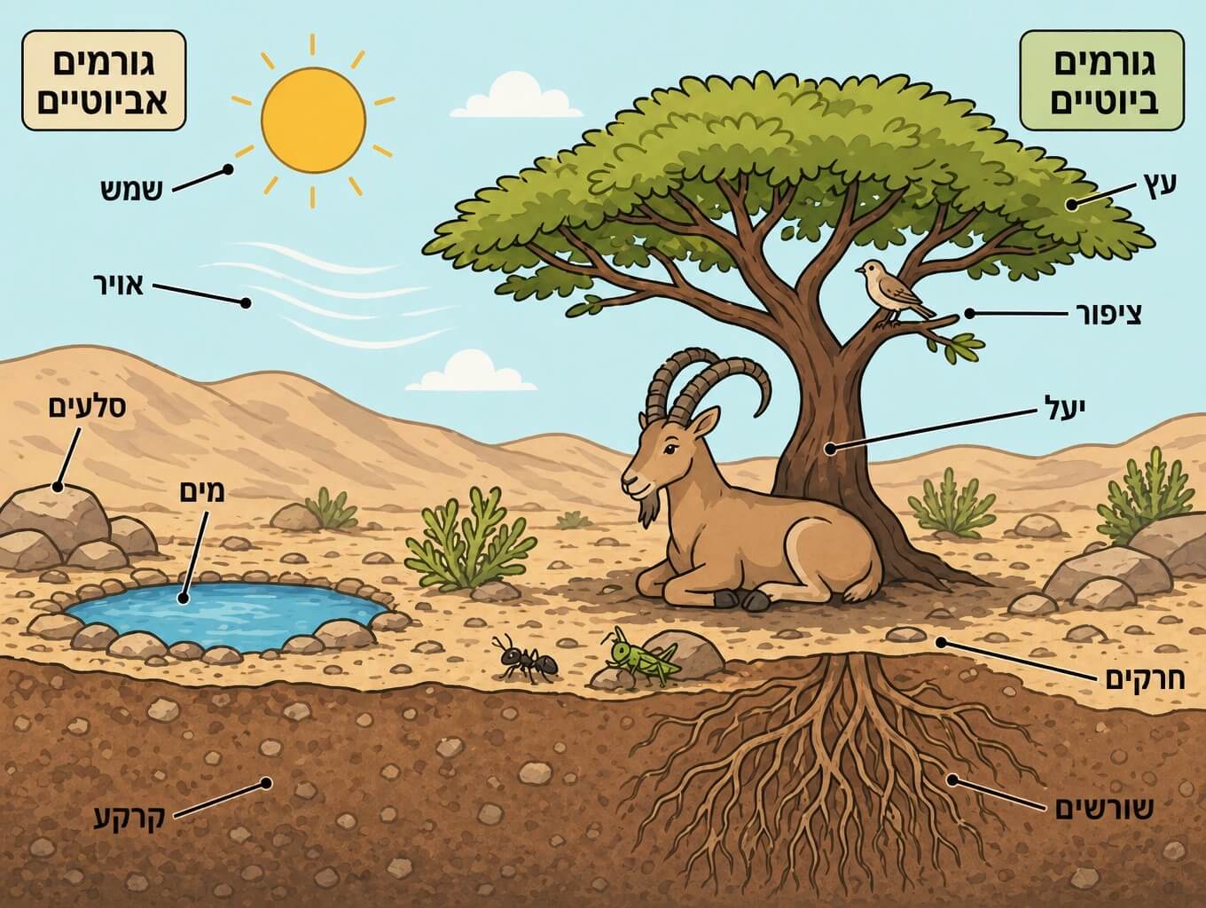 תמונה הממחישה את הקשר בין גורמים ביוטיים ואביוטיים במערכת אקולוגית ישראלית