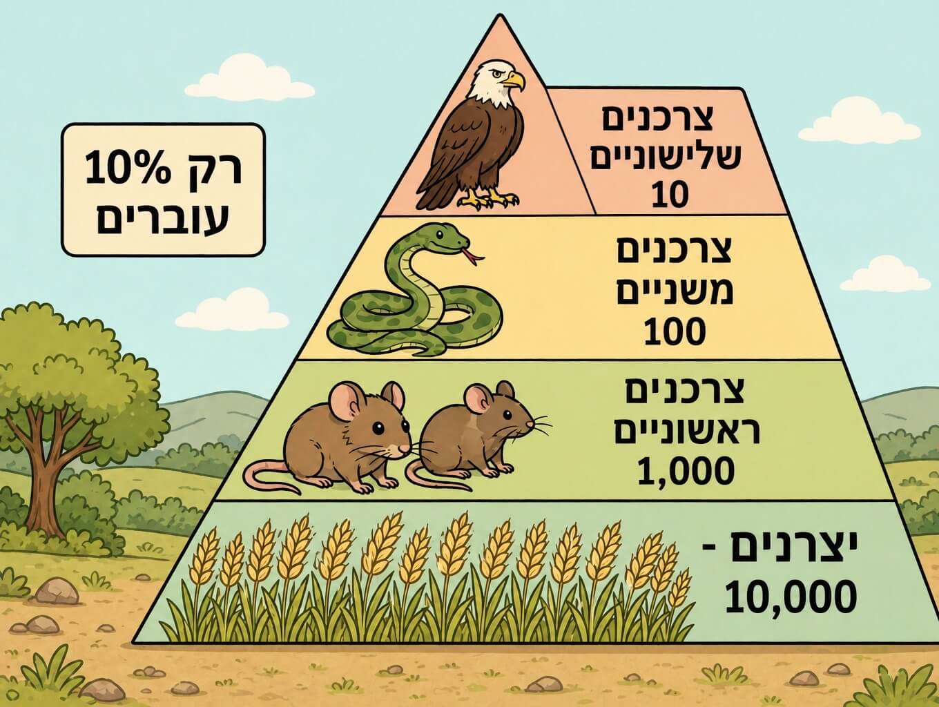 תמונה הממחישה את כלל 10 האחוזים בפירמידת אנרגיה