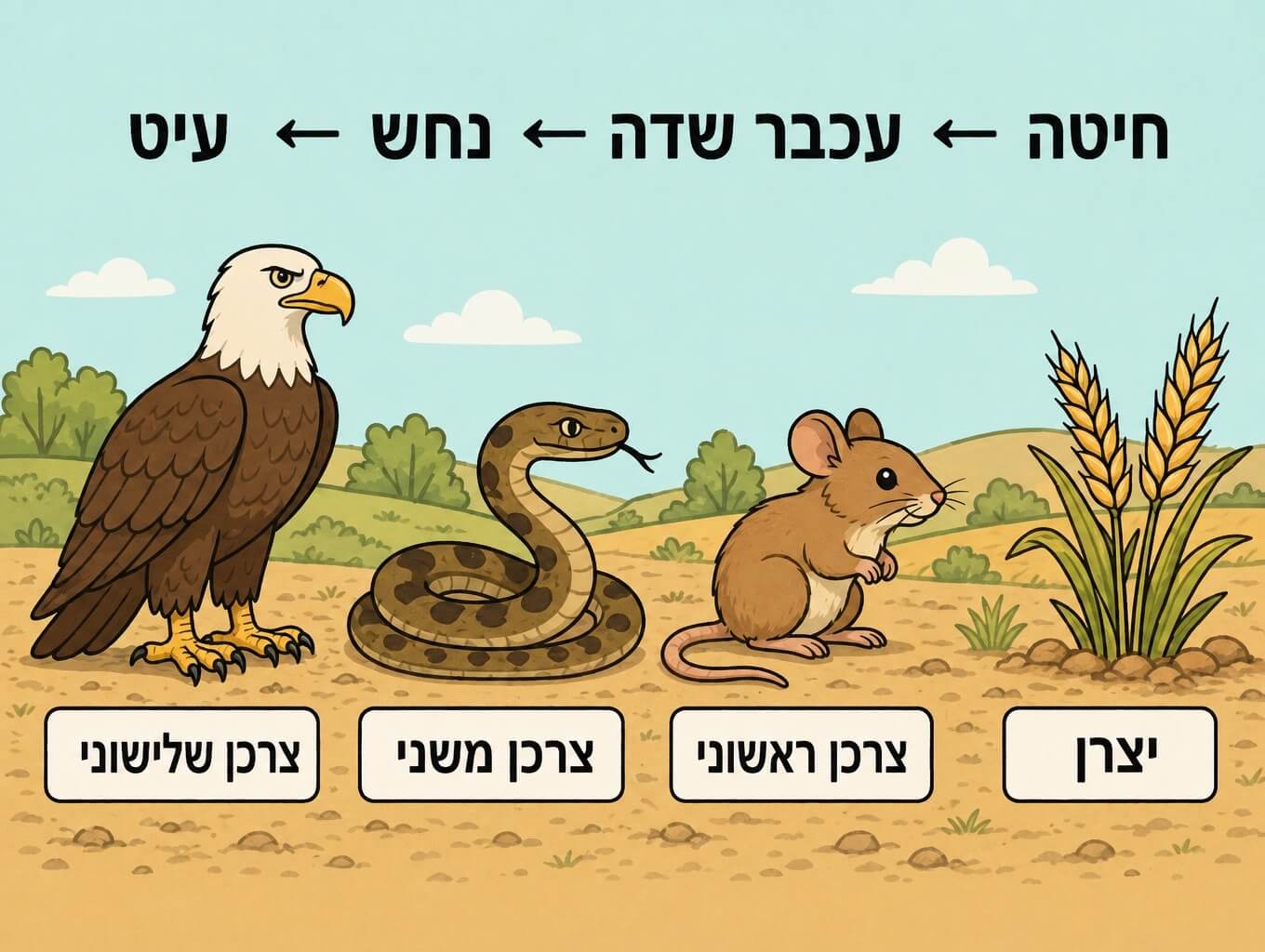 תמונה הממחישה שרשרת מזון בשדה עם יצרן וצרכנים ברמות שונות