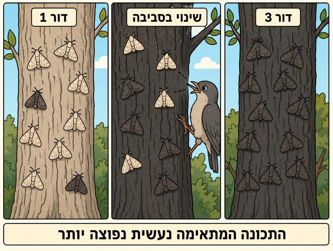 תמונה הממחישה ברירה טבעית בעשים לאורך כמה דורות
