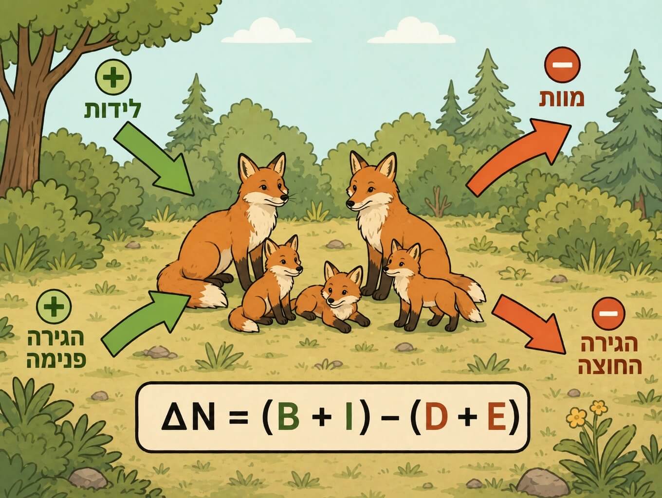 תמונה הממחישה את ארבעת הגורמים המשנים את גודל האוכלוסייה