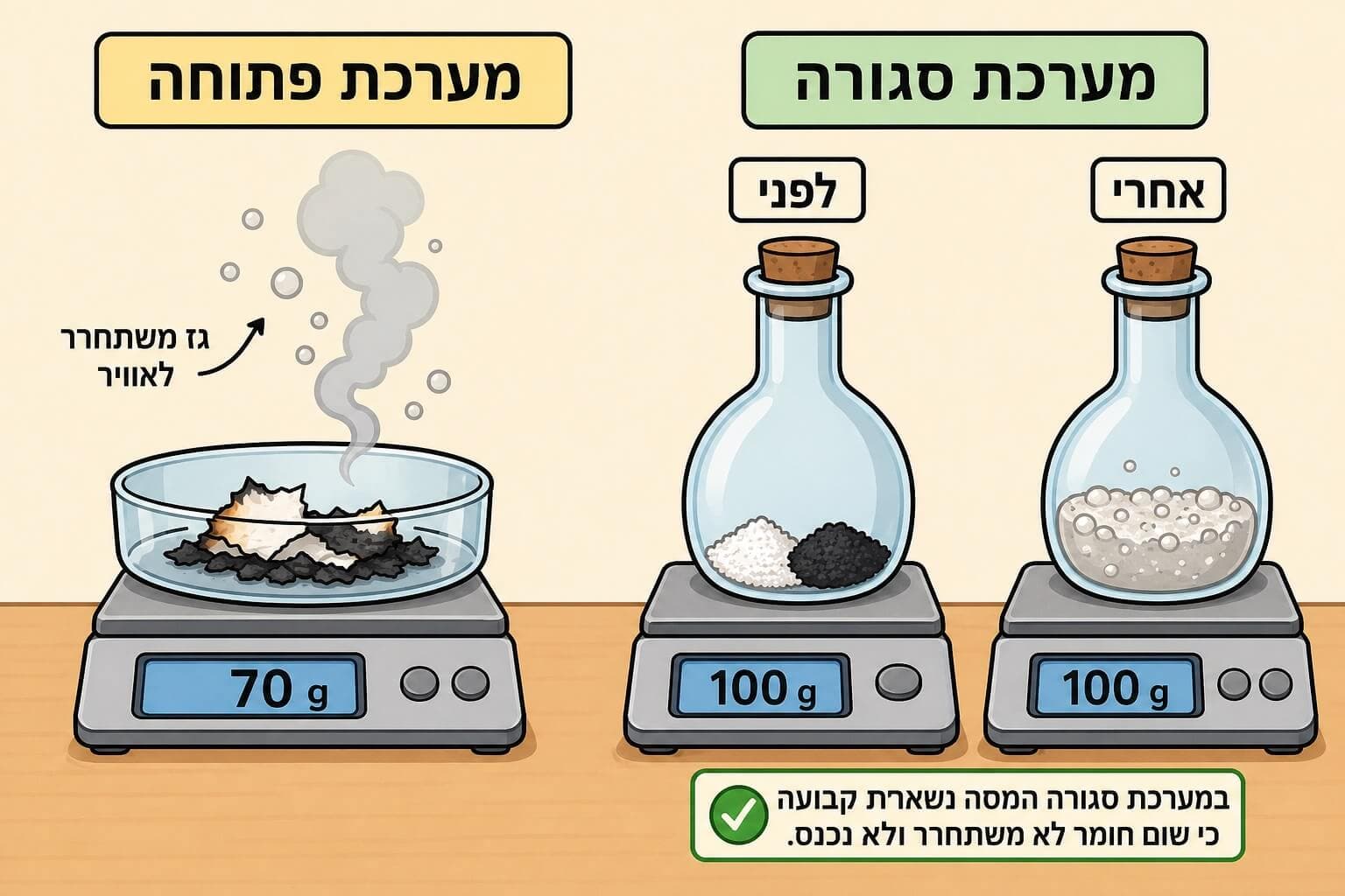 תמונה הממחישה את חוק שימור המסה בעזרת מערכת פתוחה ומערכת סגורה