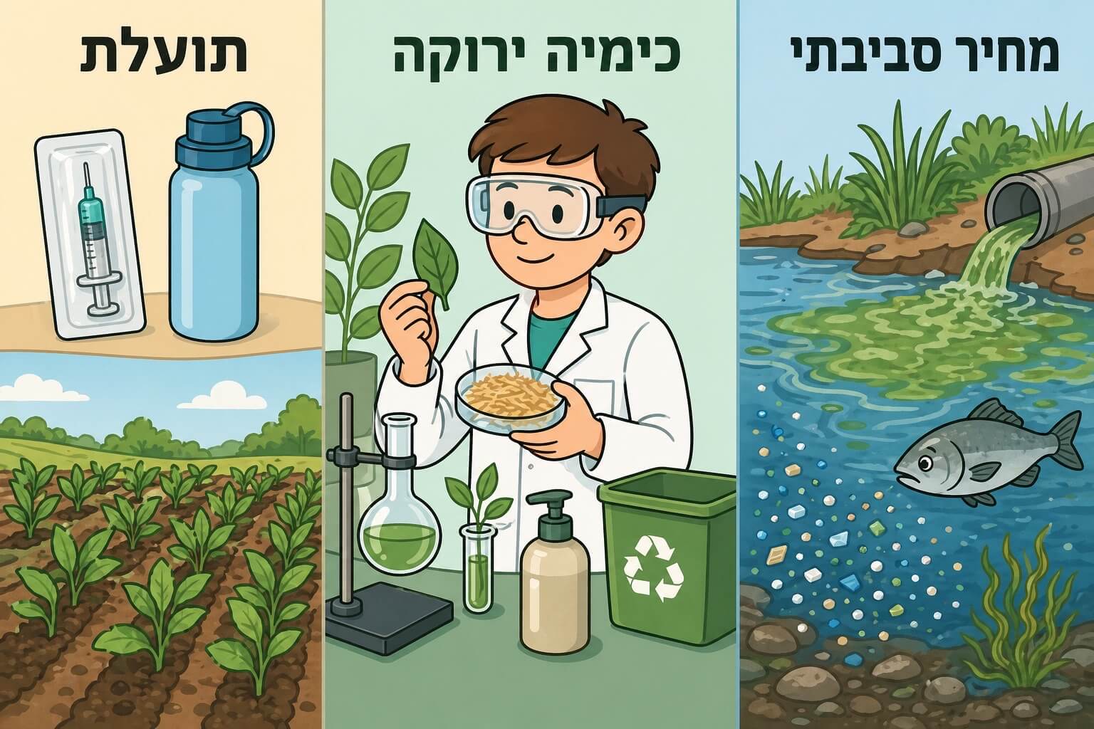 תמונה הממחישה את התועלת והמחיר הסביבתי של חומרים ואת רעיון הכימיה הירוקה