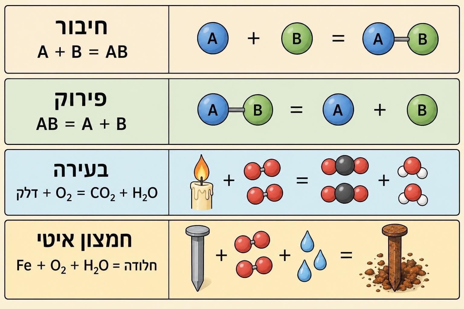 תמונה הממחישה את סוגי התגובות הכימיות בעזרת חיבור פירוק בעירה וחמצון איטי