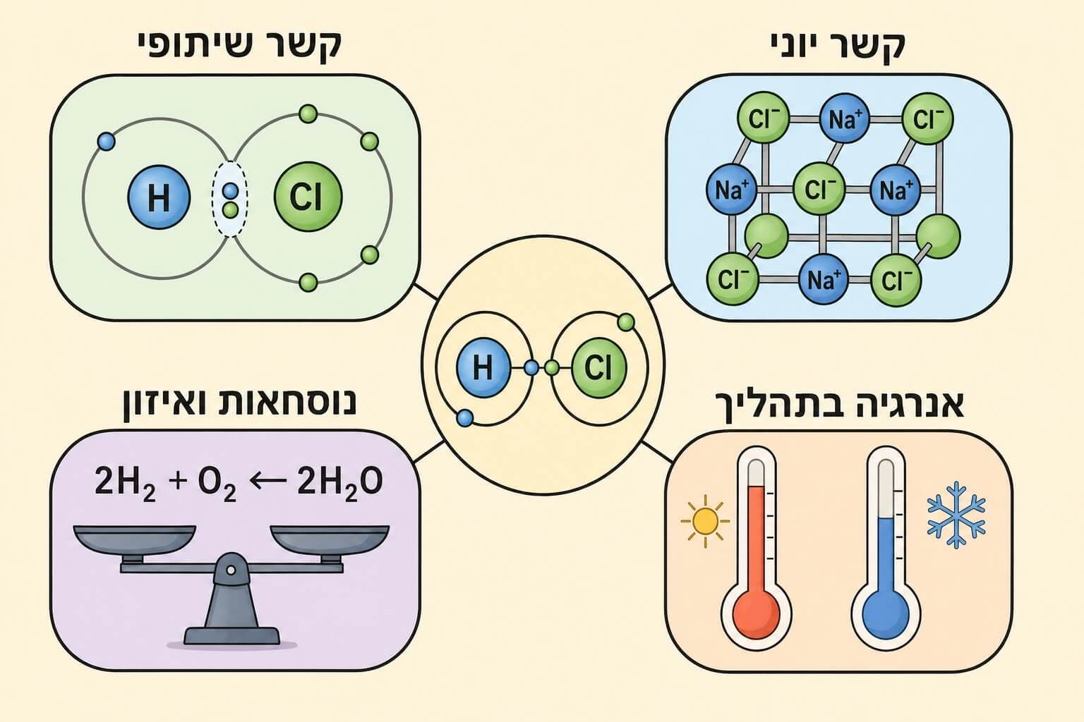 תמונה הממחישה מפת מושגים של הקשר הכימי עם קשר שיתופי קשר יוני נוסחאות ואנרגיה