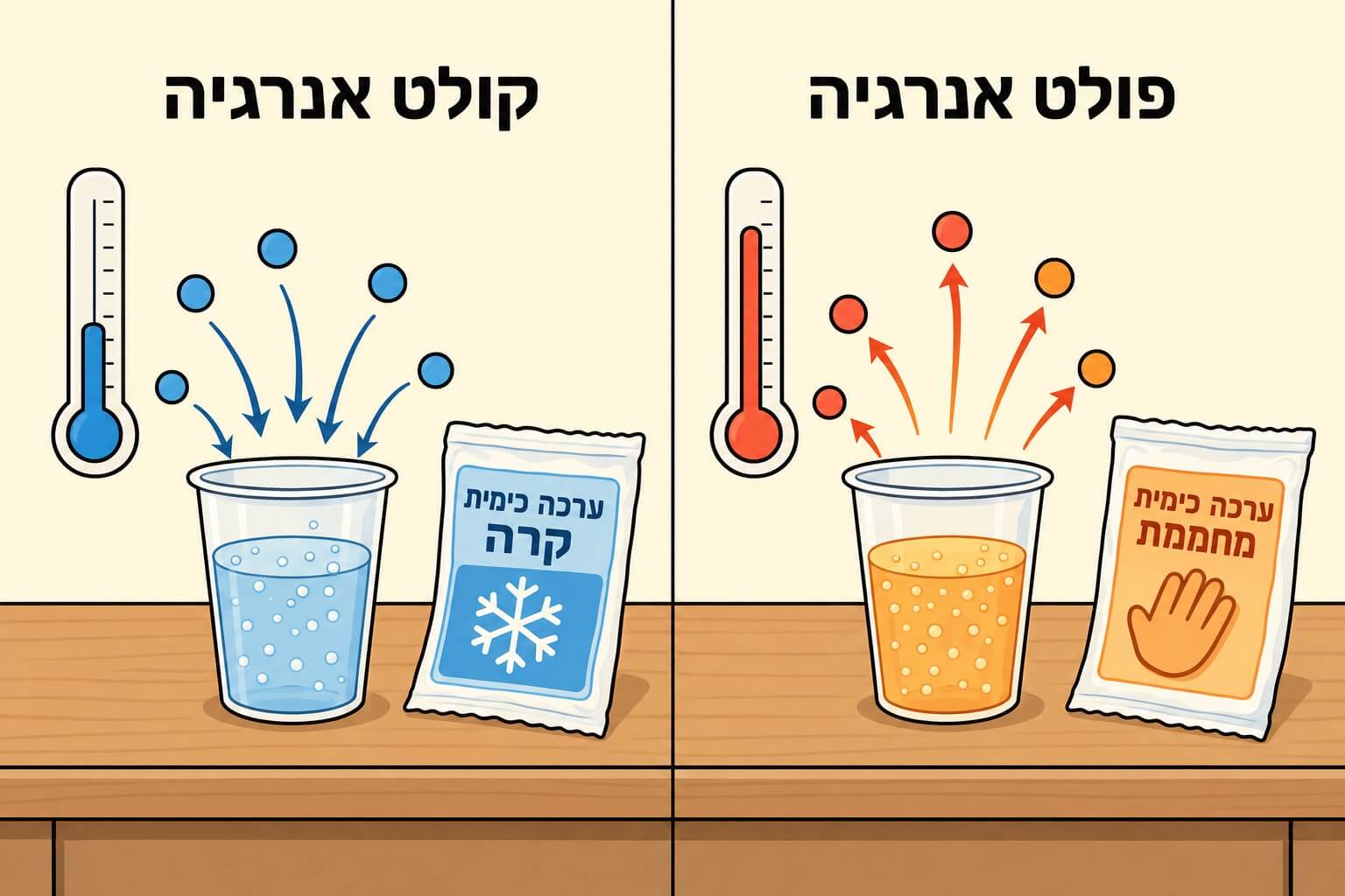 תמונה הממחישה תהליך פולט אנרגיה לעומת תהליך קולט אנרגיה בעזרת שינויי טמפרטורה