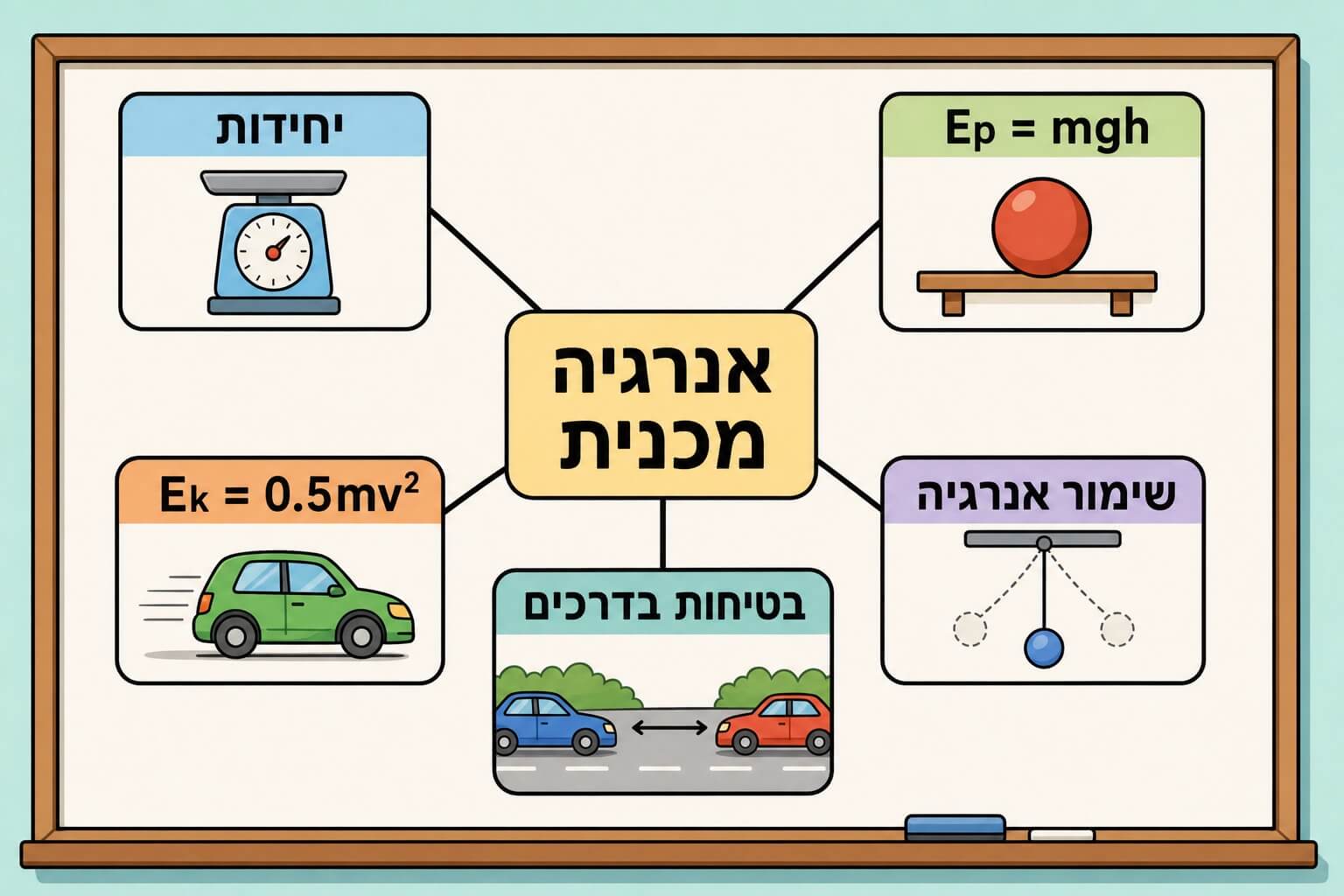 תמונה הממחישה את מפת המושגים של פרק אנרגיה מכנית עם יחידות נוסחאות שימור ובטיחות בדרכים