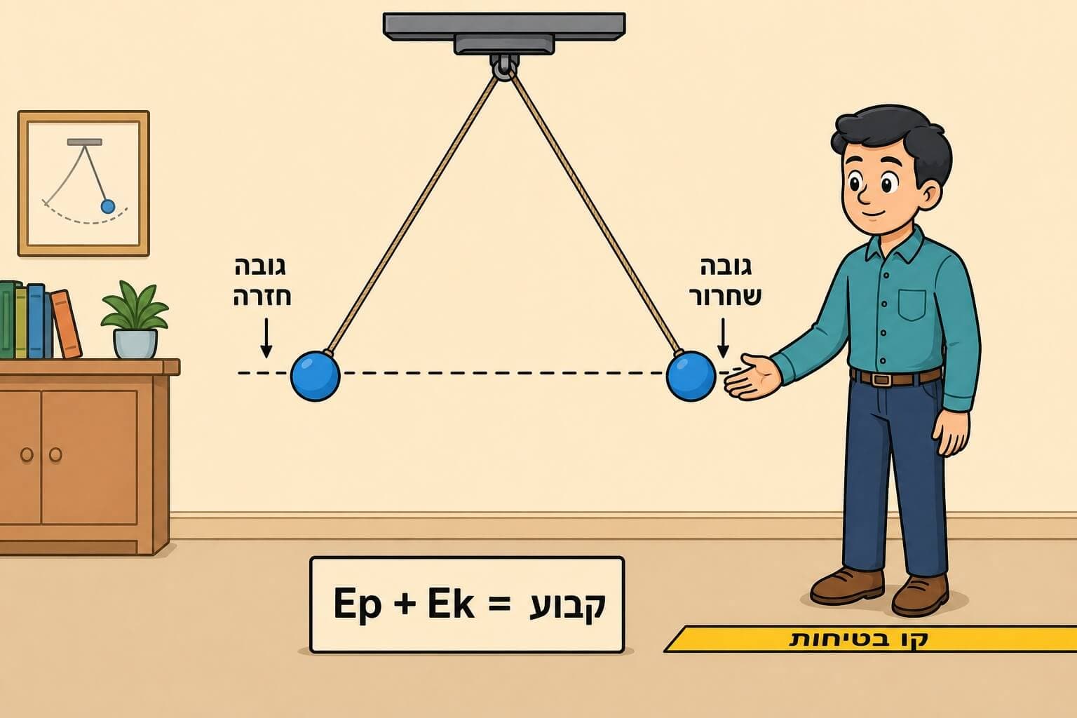 תמונה הממחישה את חוק שימור האנרגיה בעזרת מטוטלת שחוזרת לאותו גובה