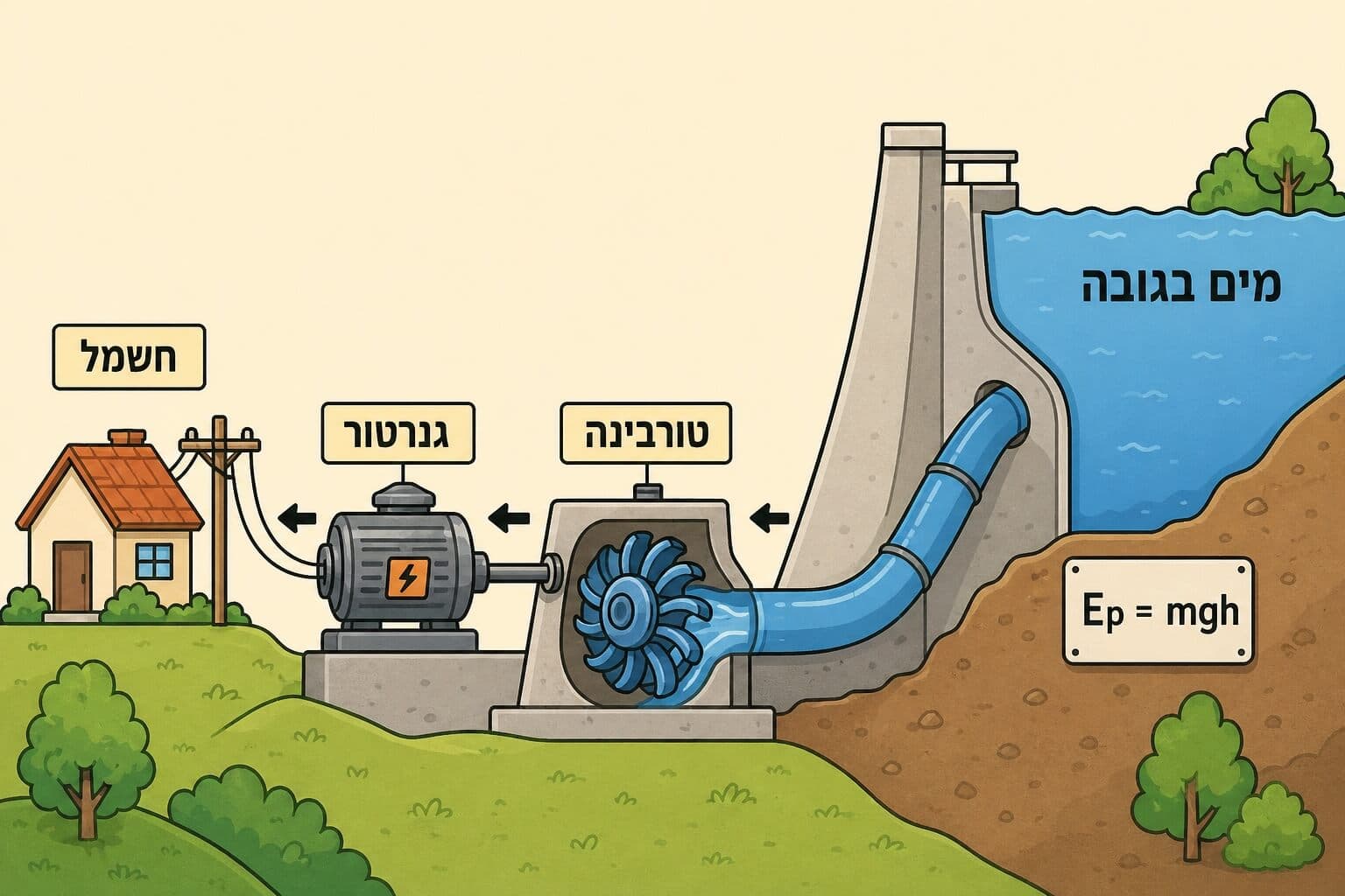 תמונה הממחישה את המרת אנרגיית הגובה של מים בסכר לחשמל