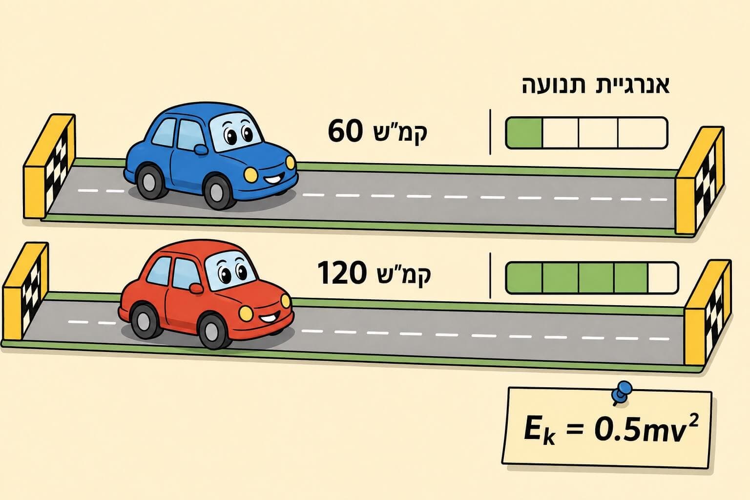 תמונה הממחישה את השפעת הכפלת המהירות על אנרגיית התנועה