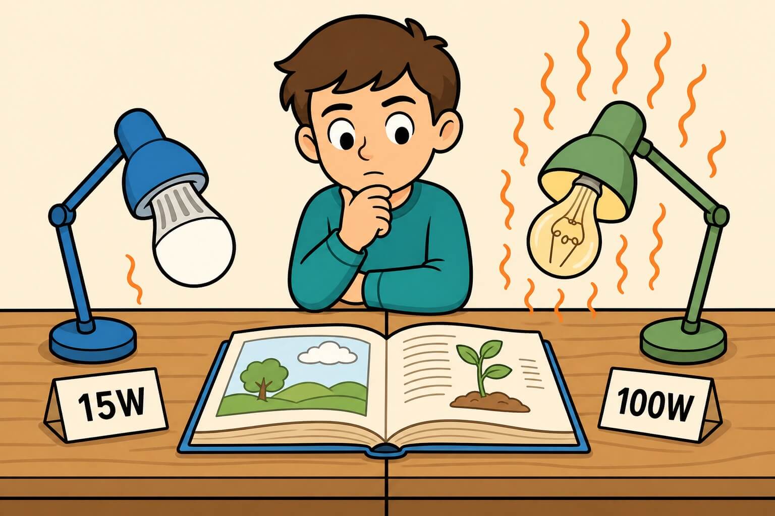 תמונה הממחישה את ההבדל בנצילות בין נורת ליבון לנורת לד