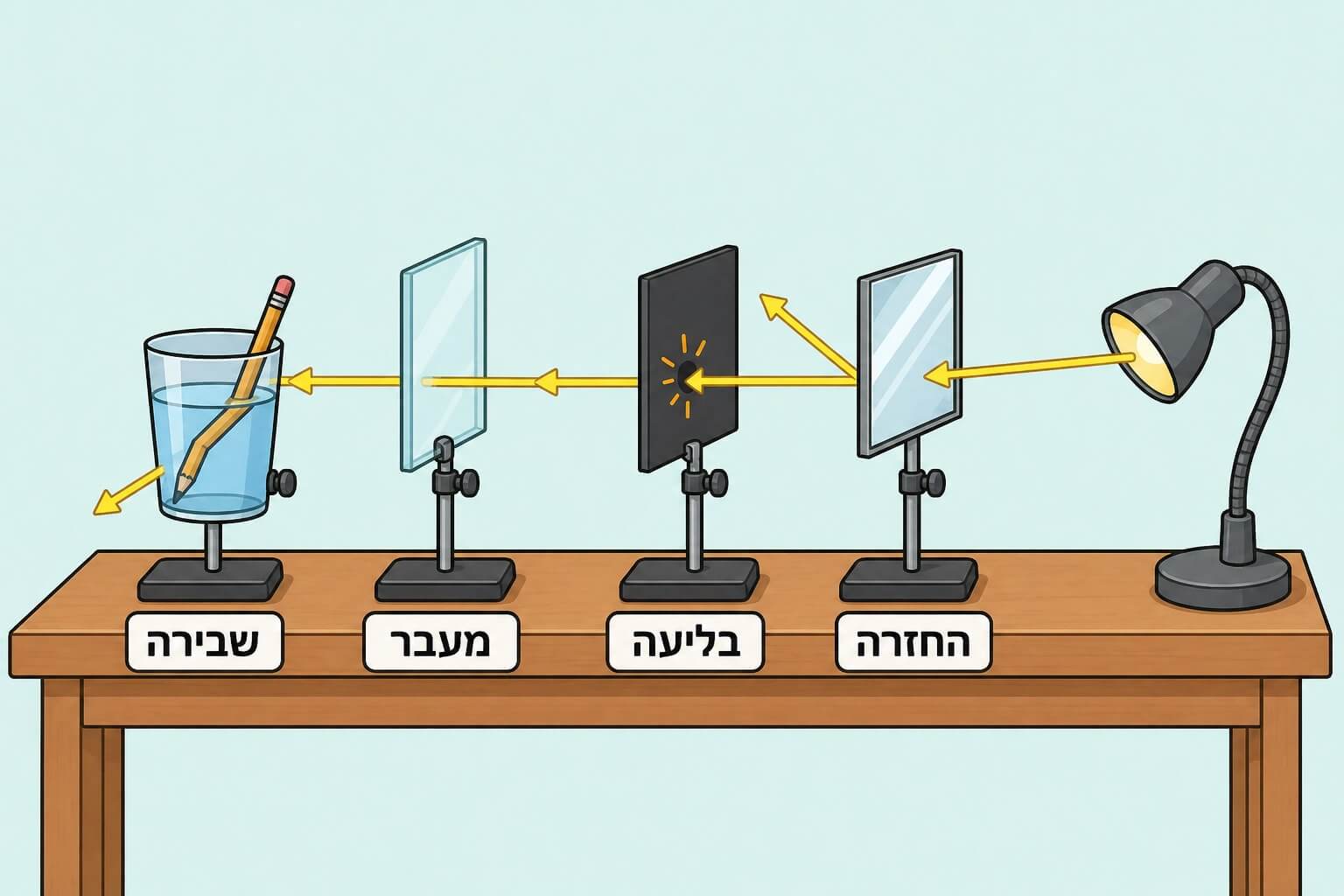 תמונה הממחישה את ארבע האינטראקציות של אור עם חומר במעבדת אופטיקה