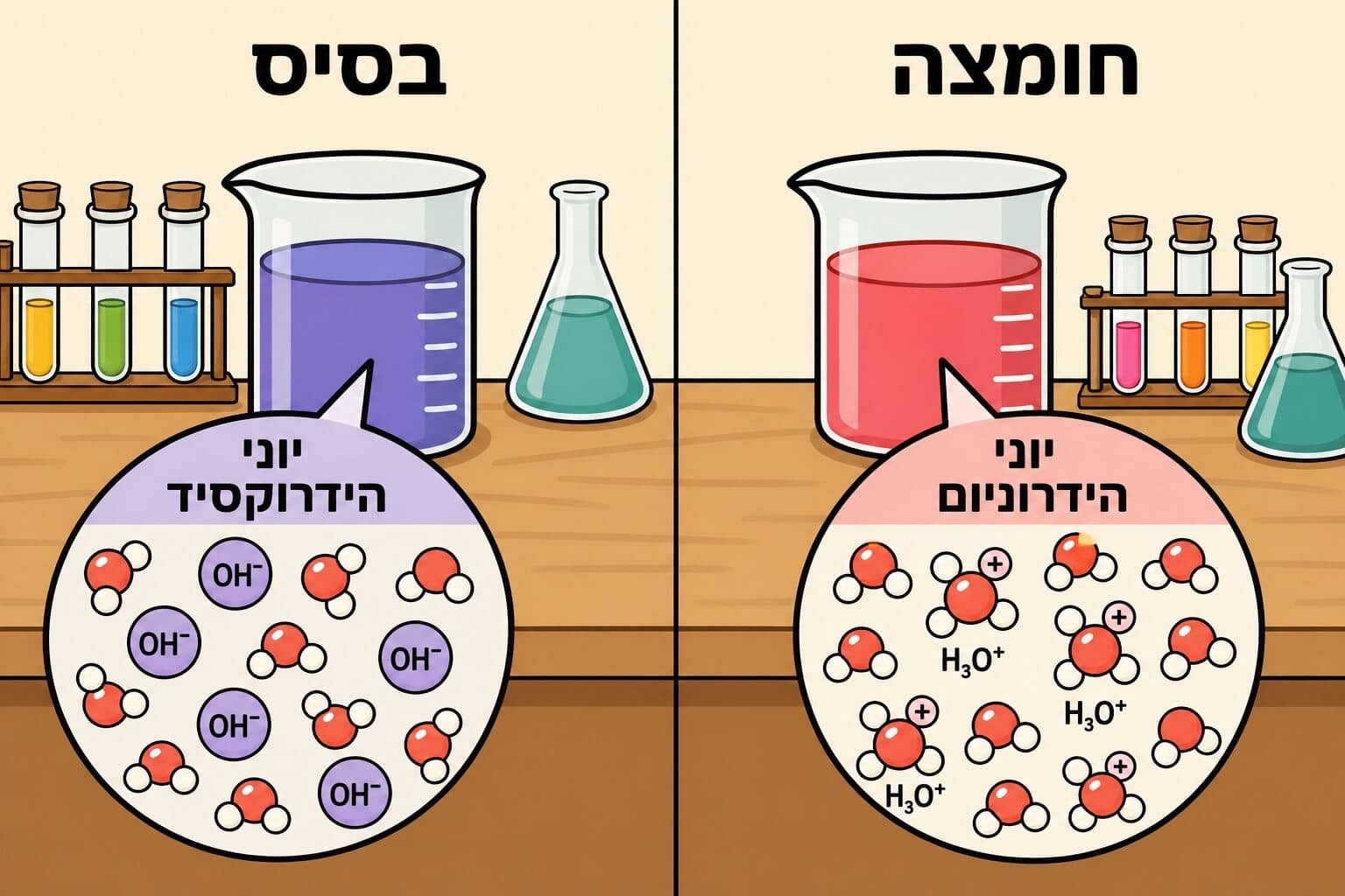 תמונה הממחישה את ההבדל בין חומצה לבסיס לפי יוני הידרוניום והידרוקסיד במים