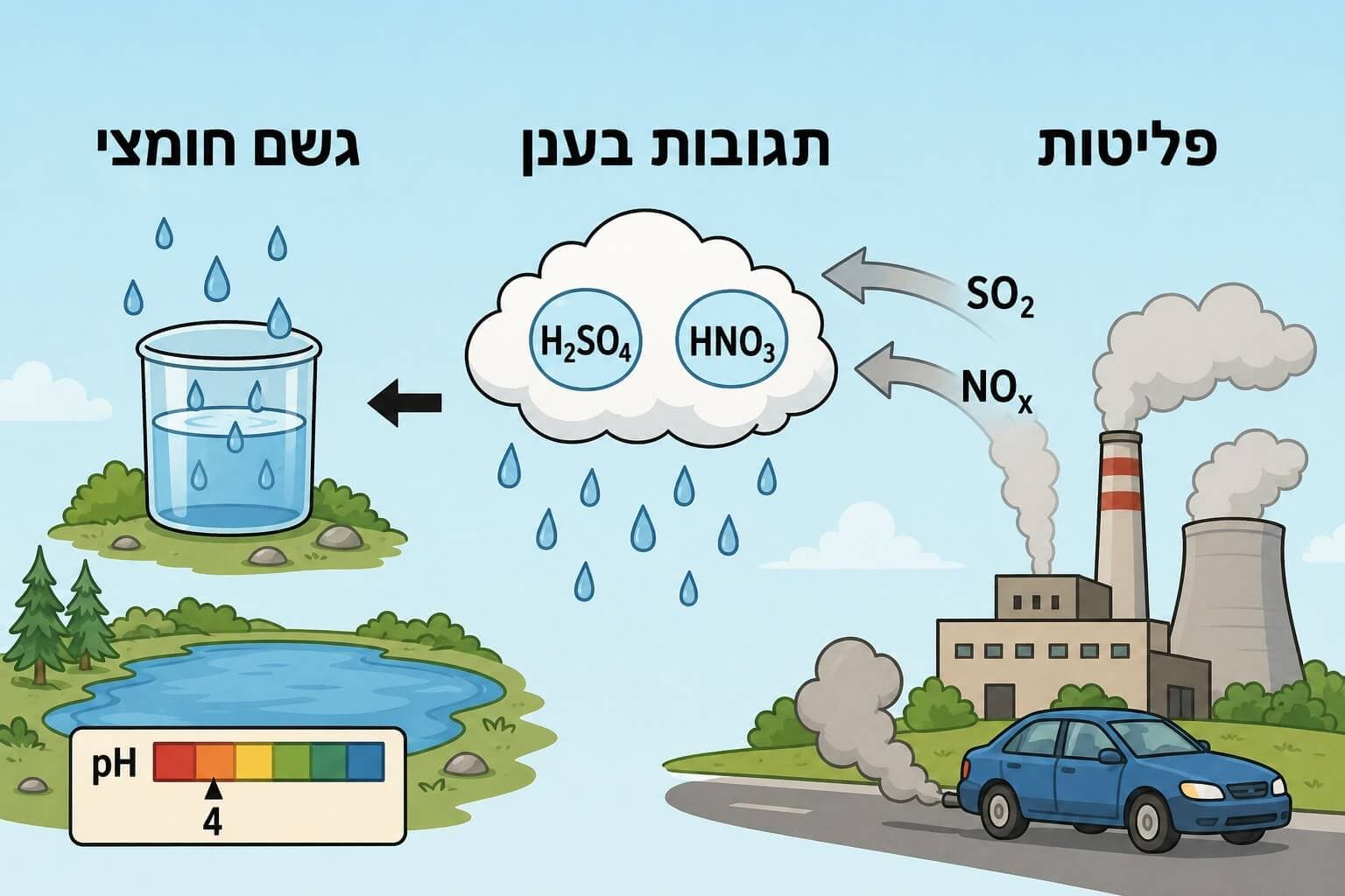 תמונה הממחישה את תהליך היווצרות הגשם החומצי מתחמוצות מזהמות באוויר