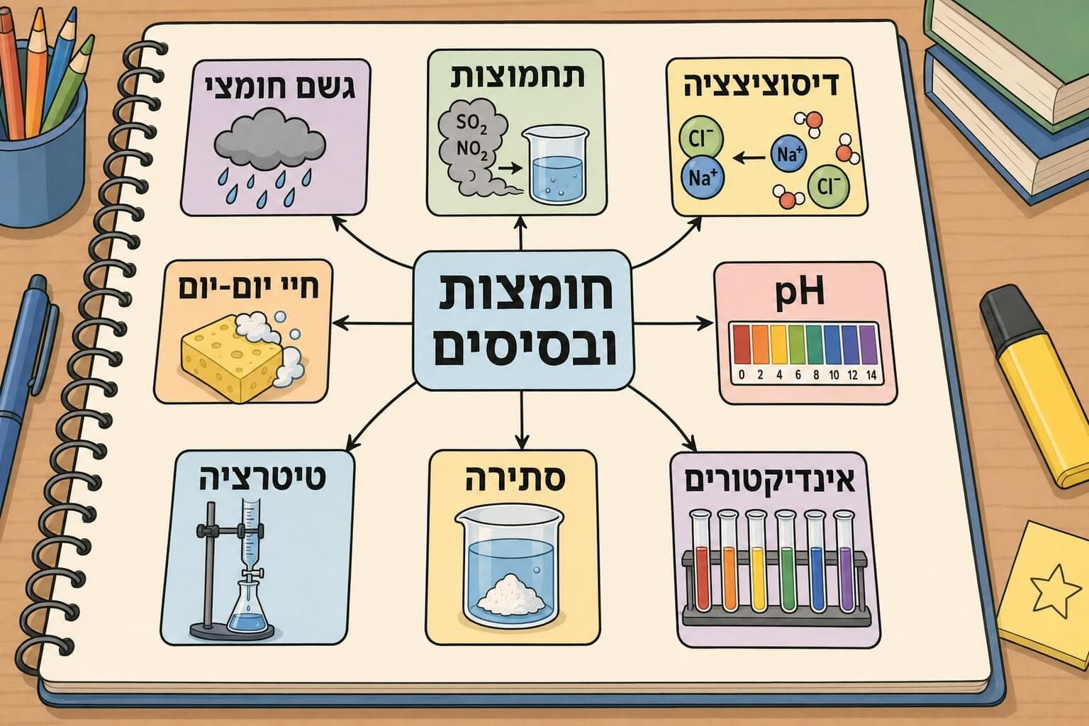 תמונה הממחישה מפת מושגים של חומצות בסיסים pH אינדיקטורים סתירה טיטרציה וגשם חומצי