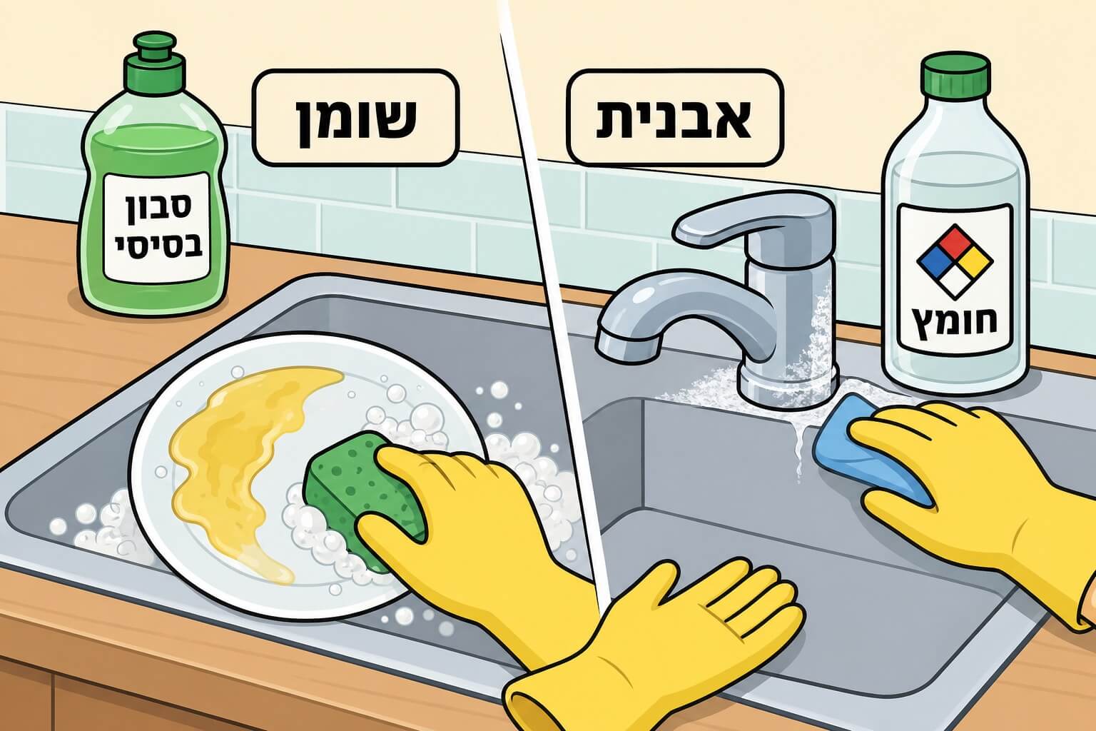 תמונה הממחישה בחירת חומר ניקוי חומצי או בסיסי לפי סוג הלכלוך